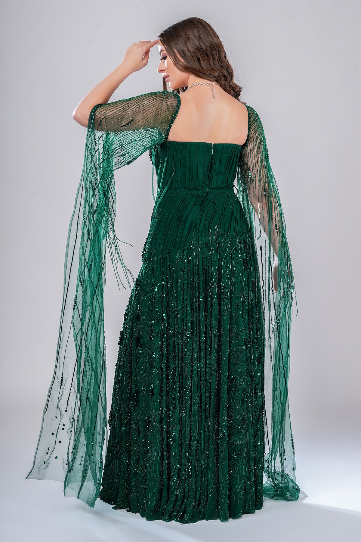 Green Embellished Pleated Gown