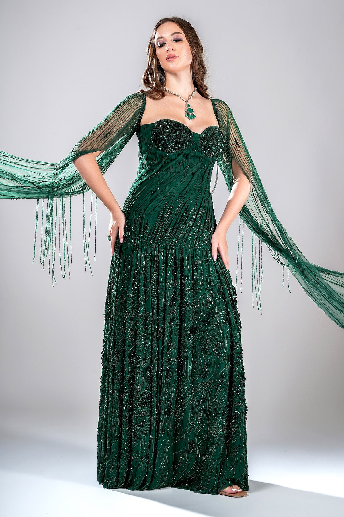 Green Embellished Pleated Gown