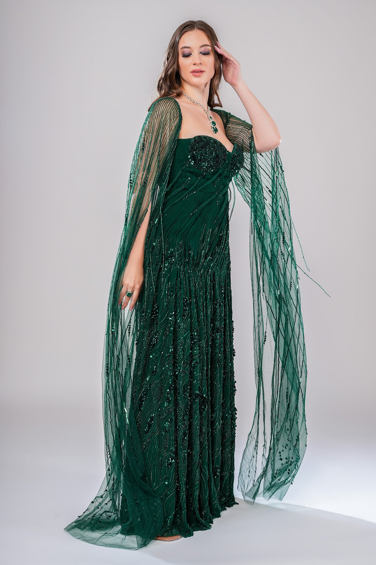 Green Embellished Pleated Gown