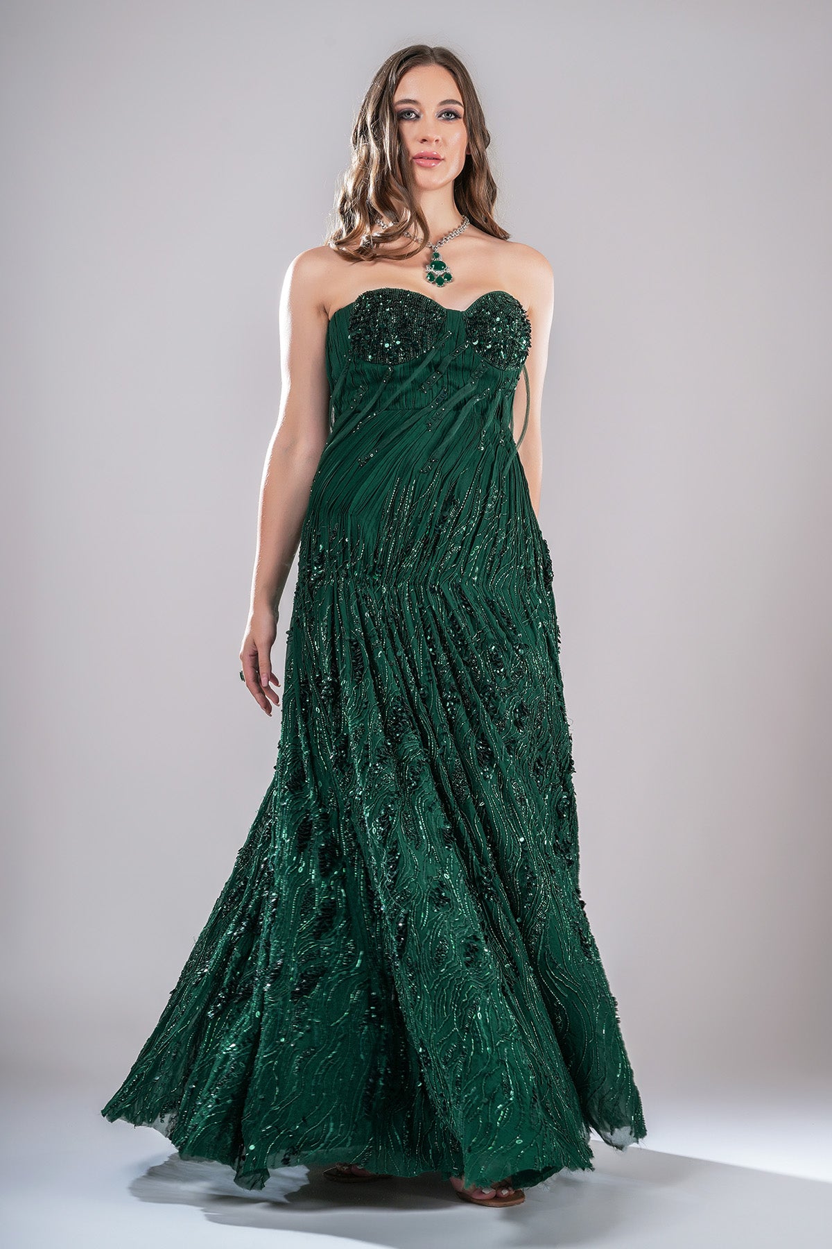 Green Embellished Pleated Gown