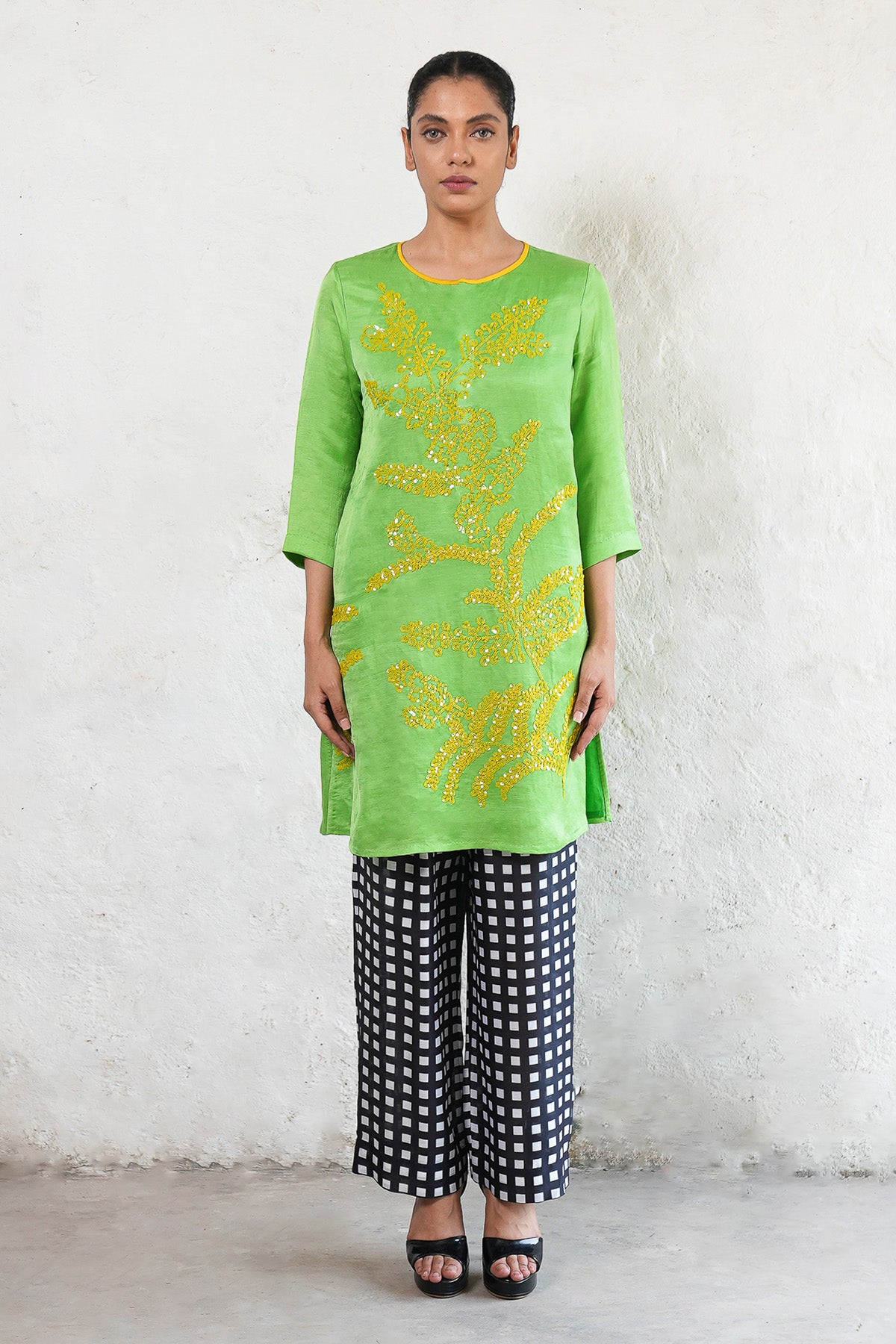 Green Embroidered A-Line Kurta