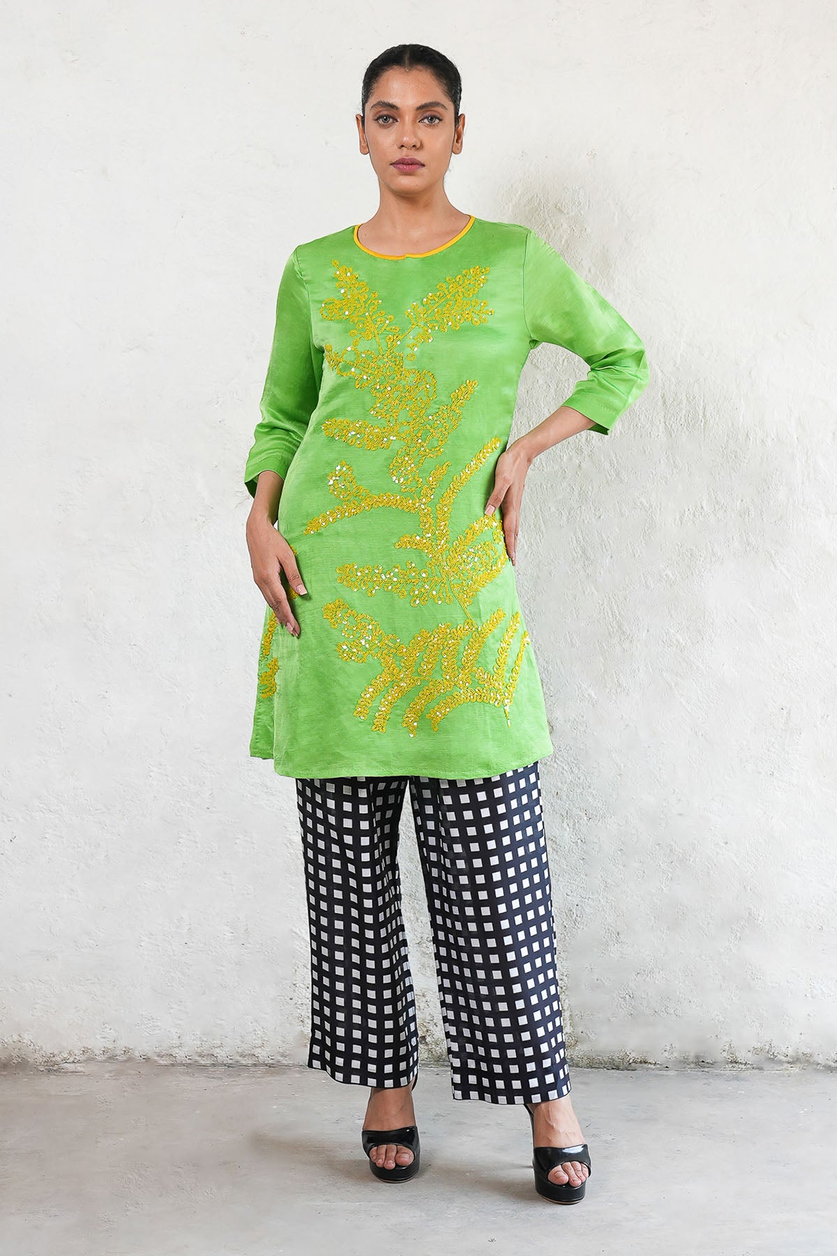 Green Embroidered A-Line Kurta
