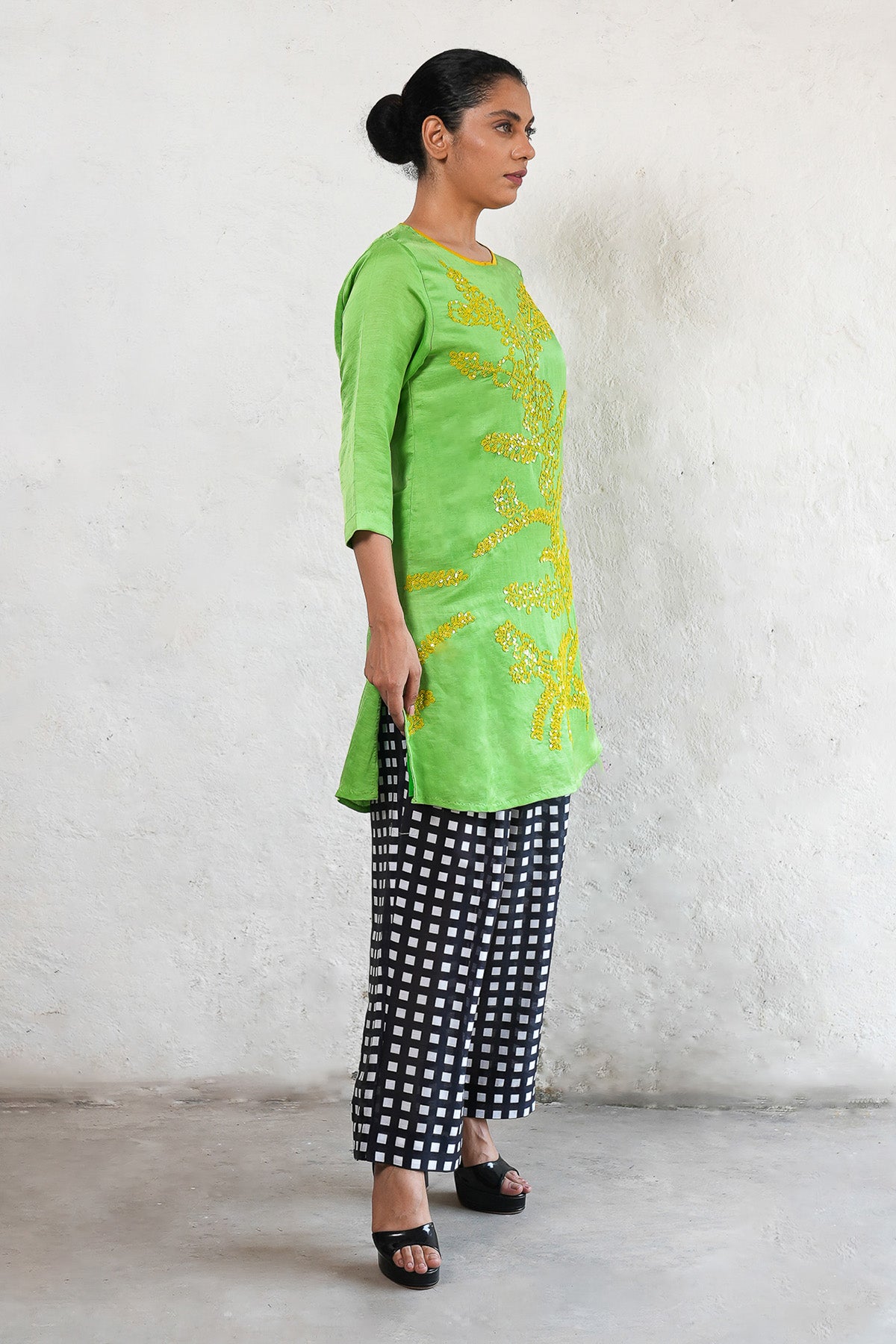 Green Embroidered A-Line Kurta