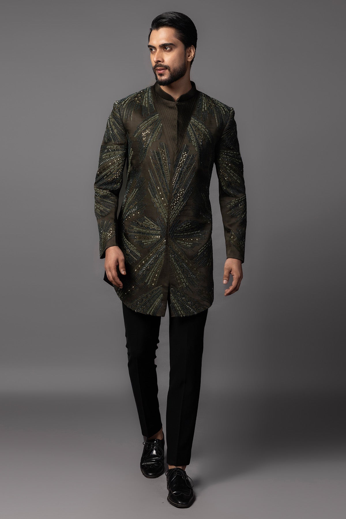 Green Embroidered Achkan Set