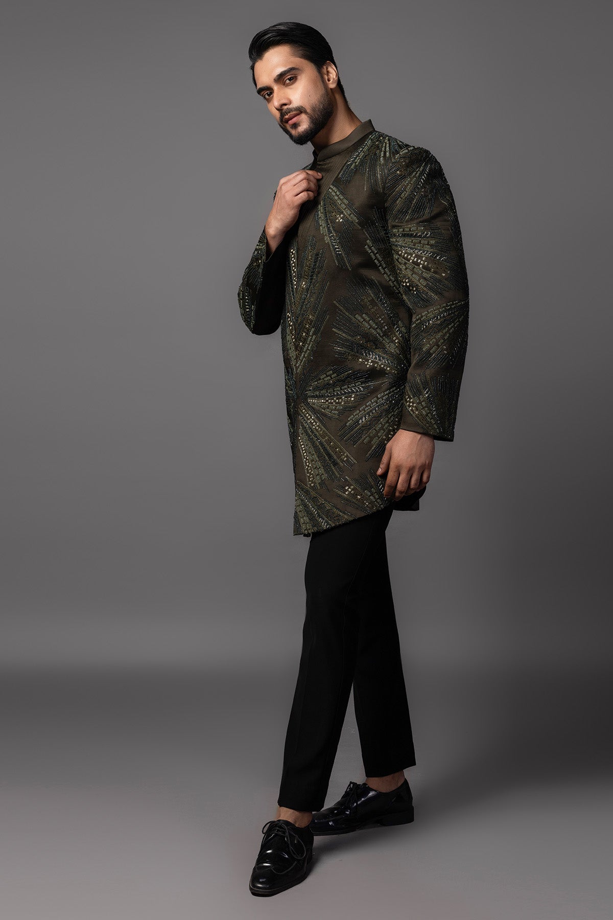 Green Embroidered Achkan Set
