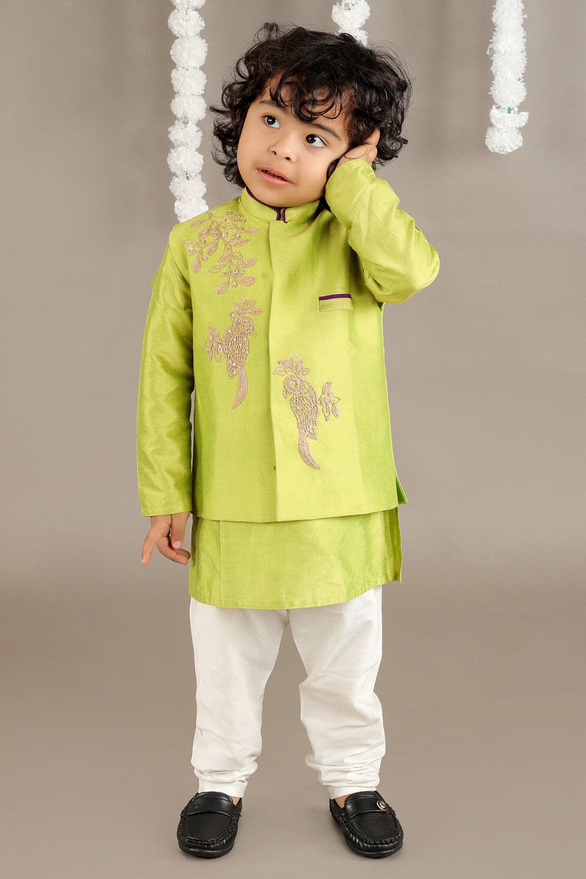 Buy Embroidered Green Bandhgala Set by Little Brats for Boy online at ScrollnShops
