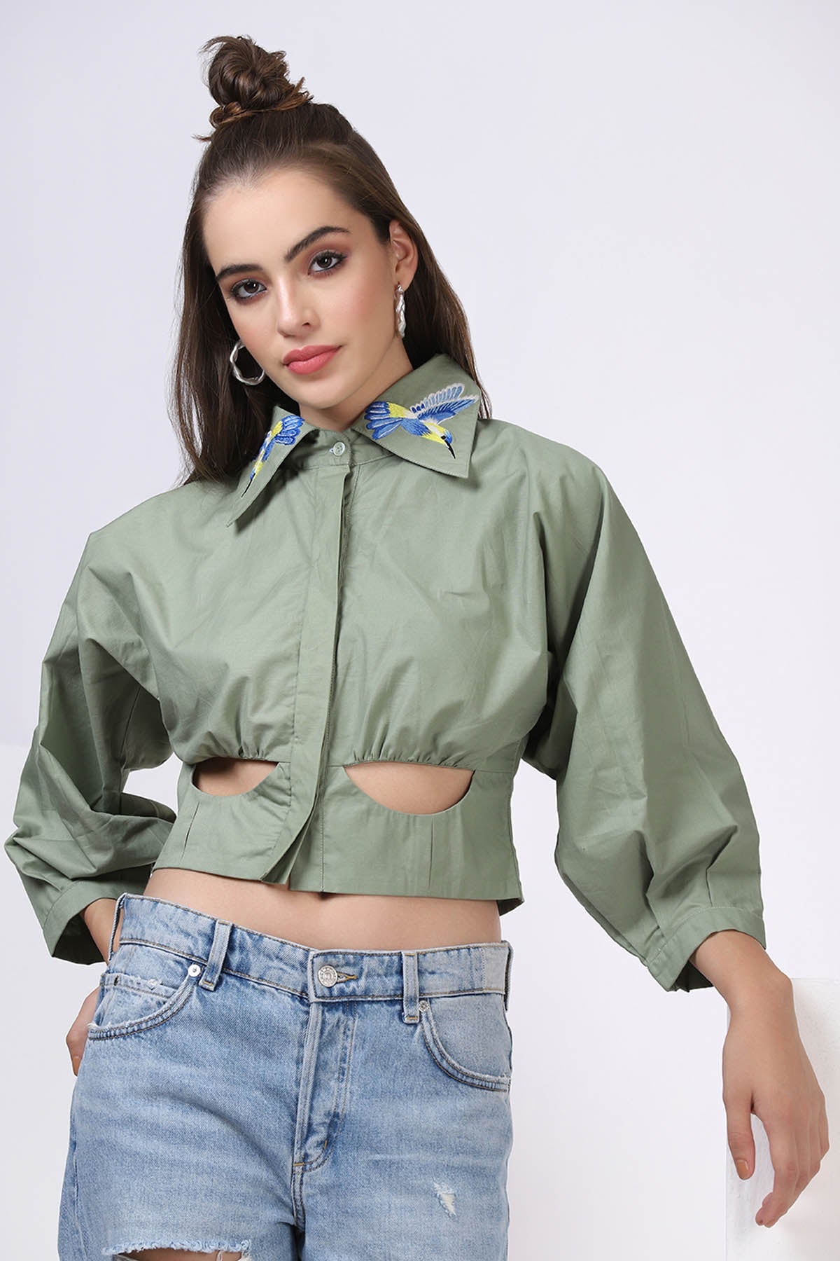 Bohobi Green Embroidered Cut-Out Top For Women Online at ScrollnShops