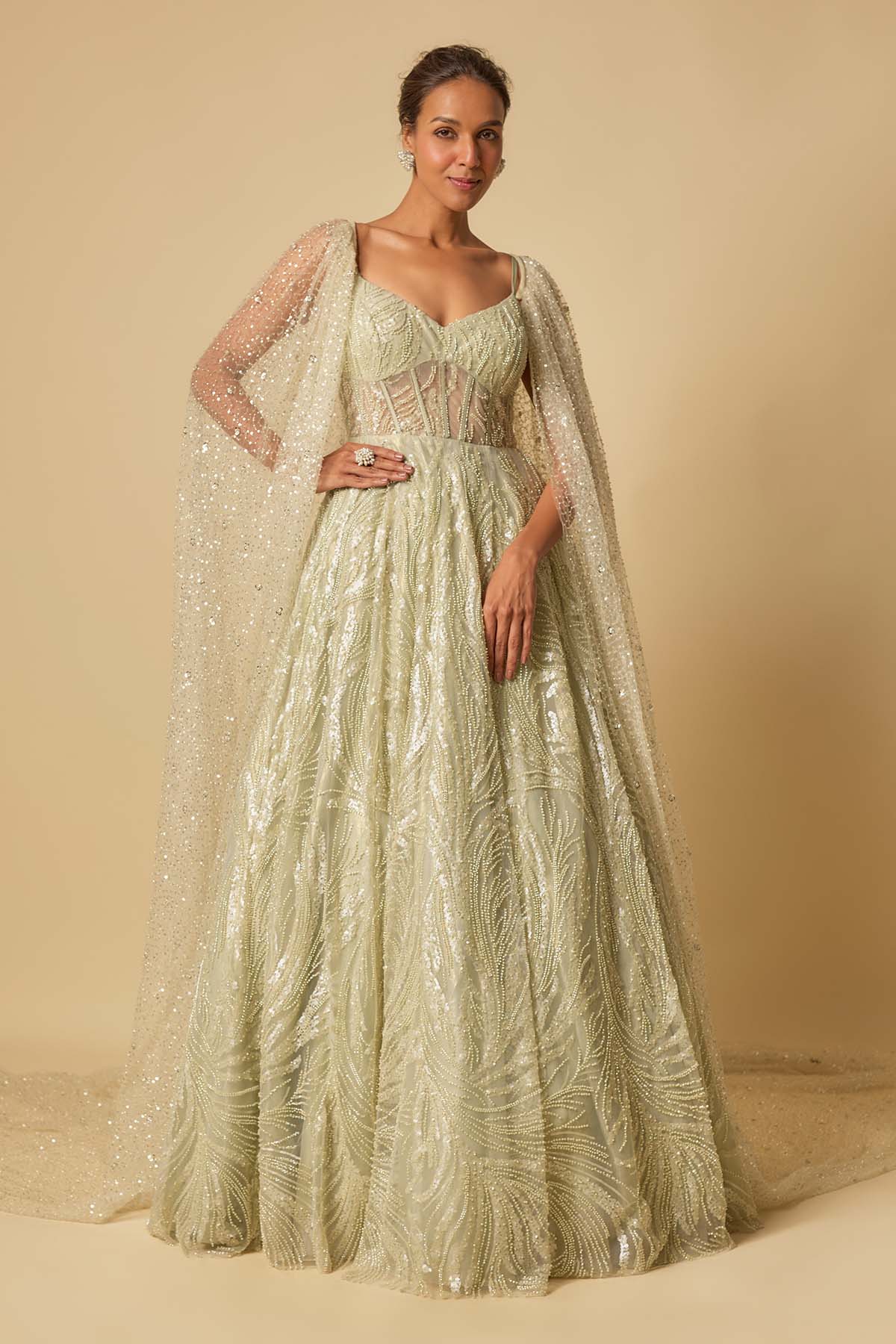 Buy Green Embroidered Gown & Cape by Masumi Mewawalla for women online at ScrollnShops