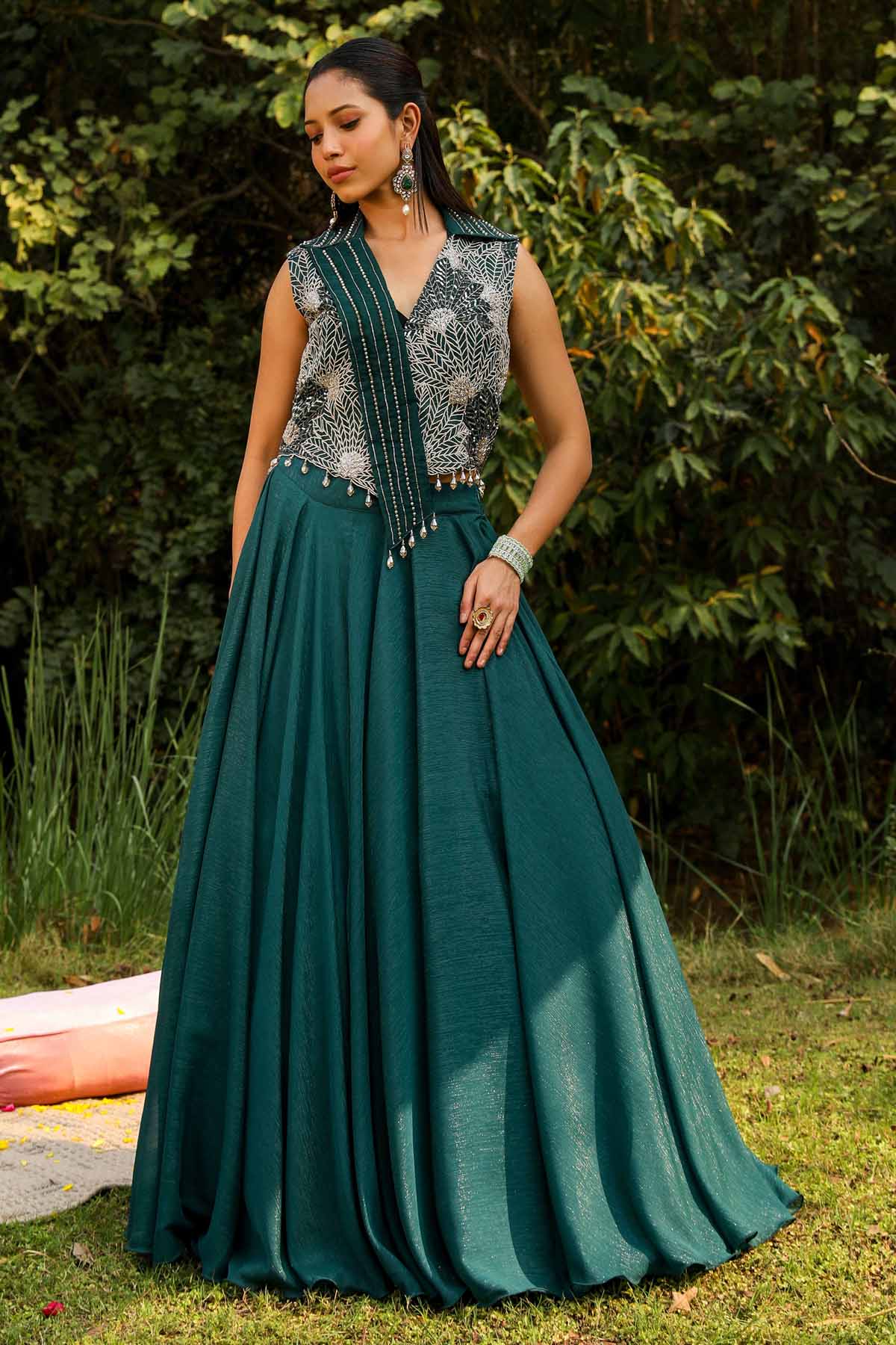 Buy Green Embroidered Jacket Set Online