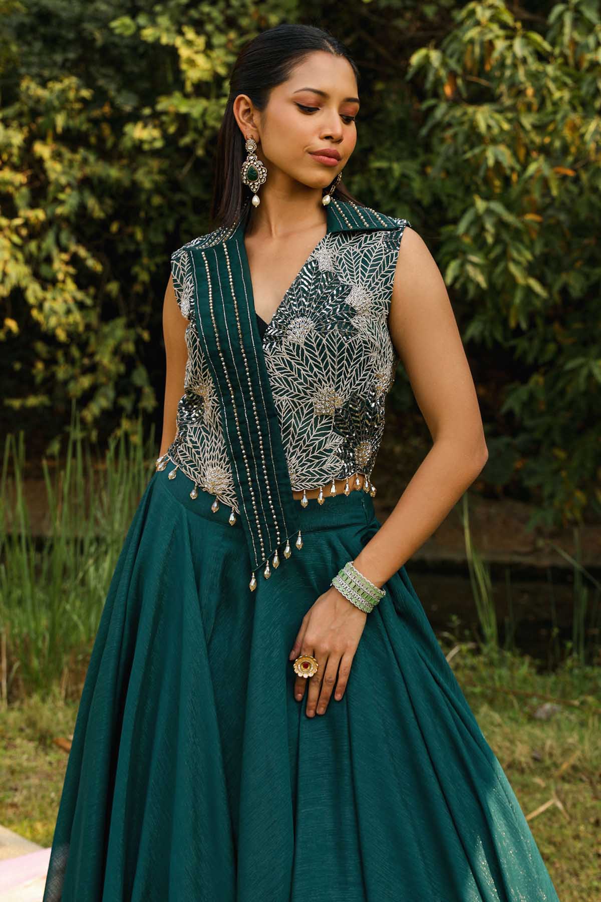 Green Embroidered Jacket Set