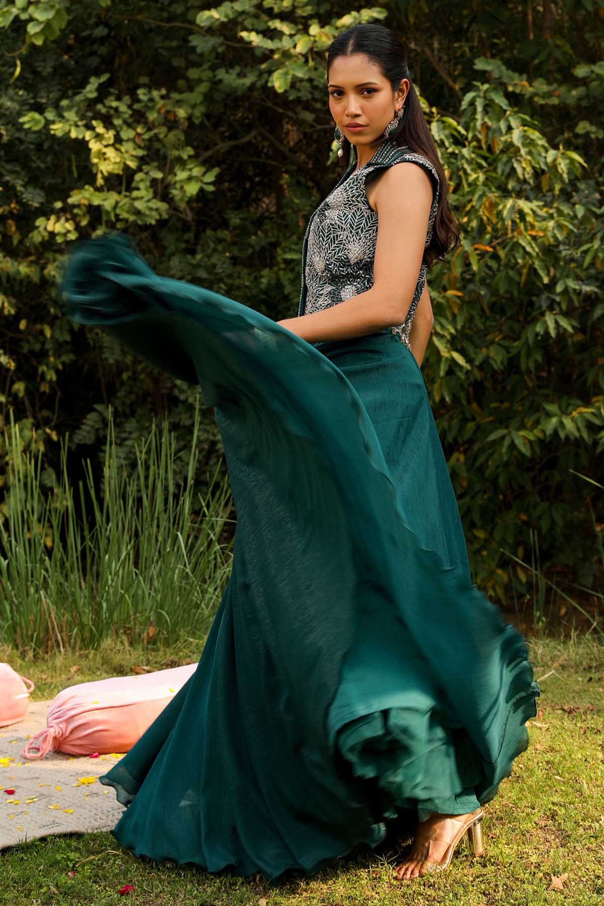 Green Embroidered Jacket Set