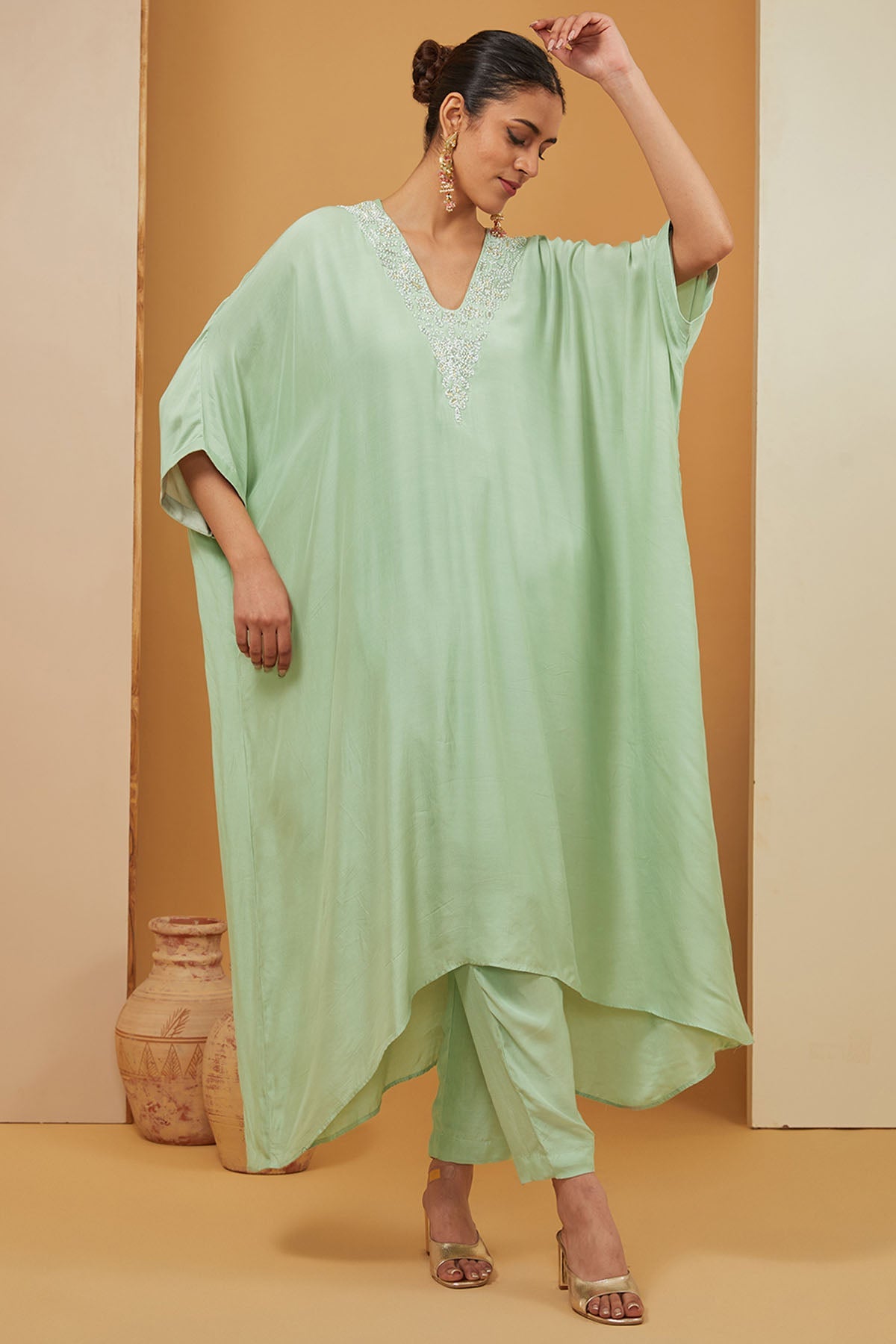 Neha Khullar Green Embroidered Kaftan Set for women online at ScrollnShops