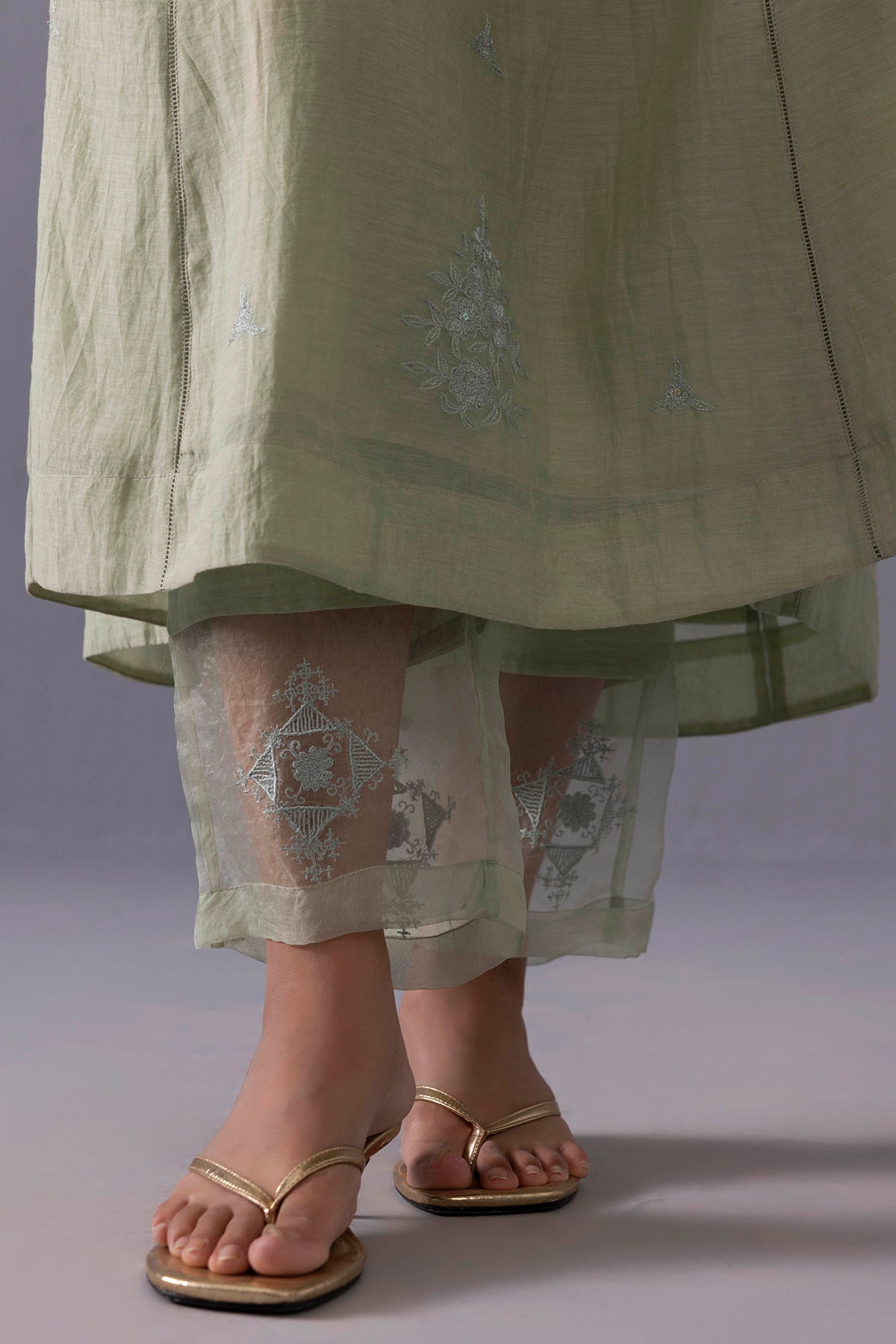 Green Embroidered V-Neck Kurta & Pants