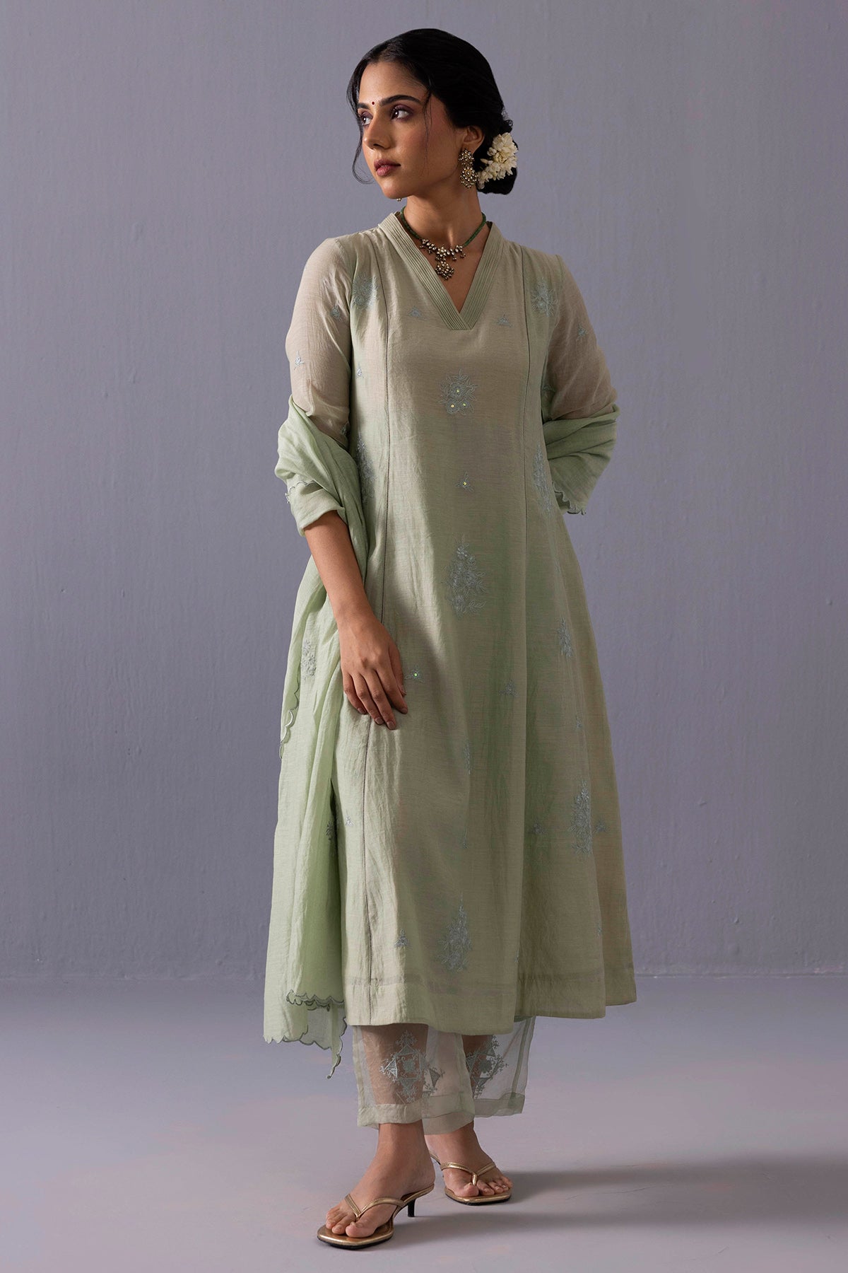 Green Embroidered V-Neck Kurta & Pants