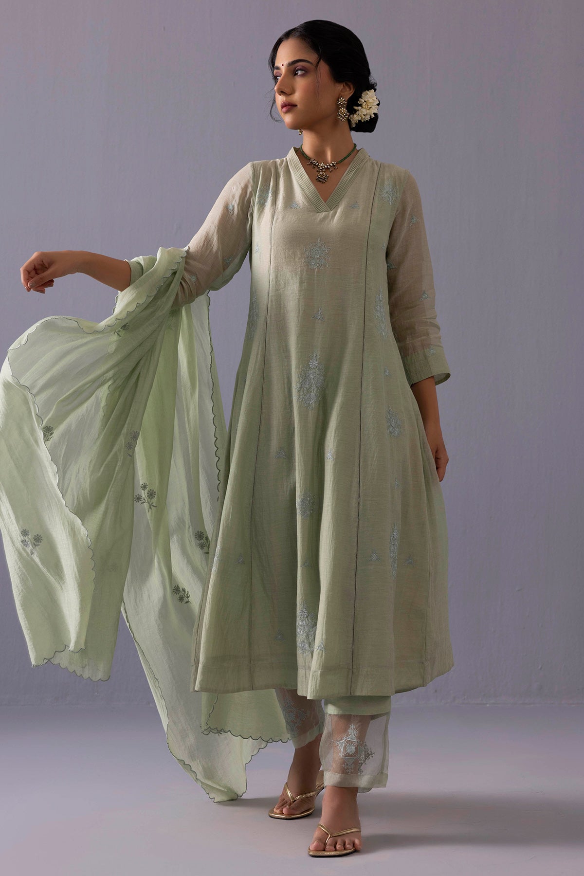 Green Embroidered V-Neck Kurta & Pants