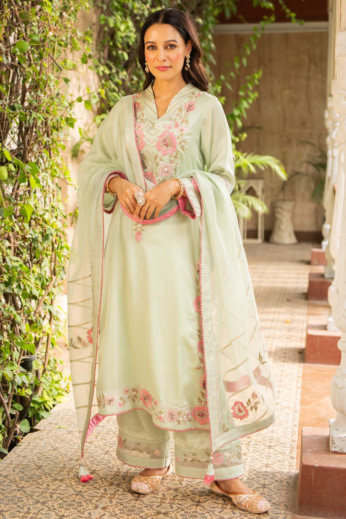 Embroidered Green Kurta Set