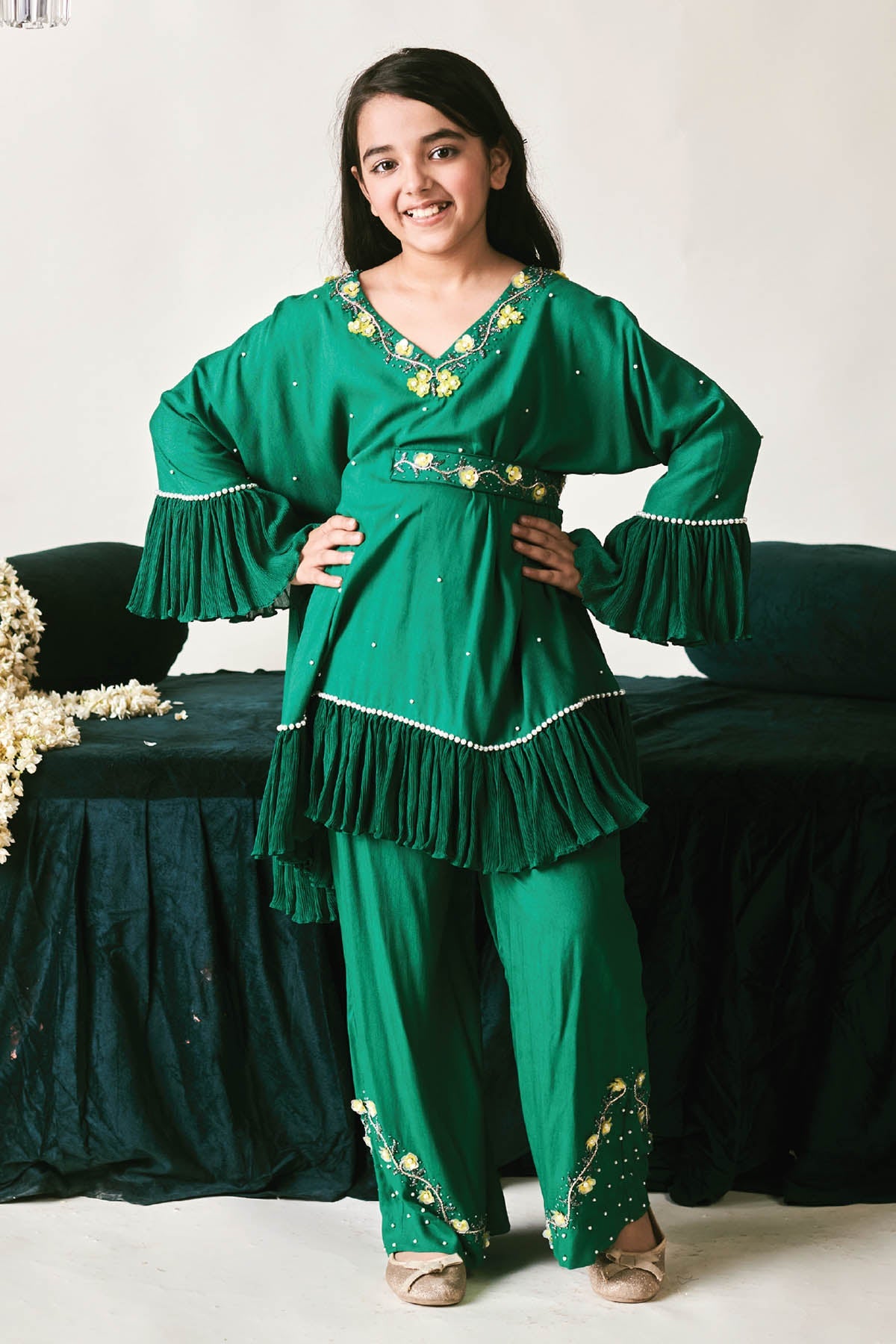 Designer Littleens Green Embroidered Kurta Set For Kids (Boys & Girls) Available online at ScrollnShops