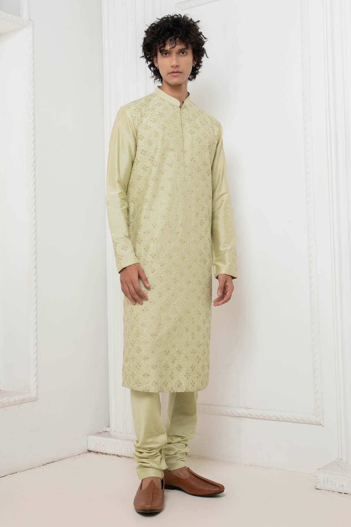 Buy Cotton Silk Light Green Kurta Set Online