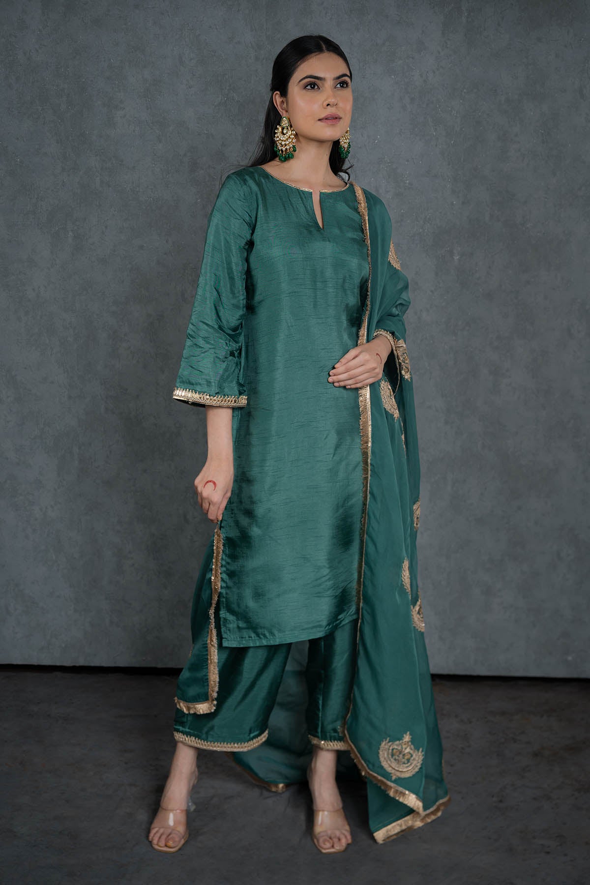 Green Embroidered Lace Kurta Set