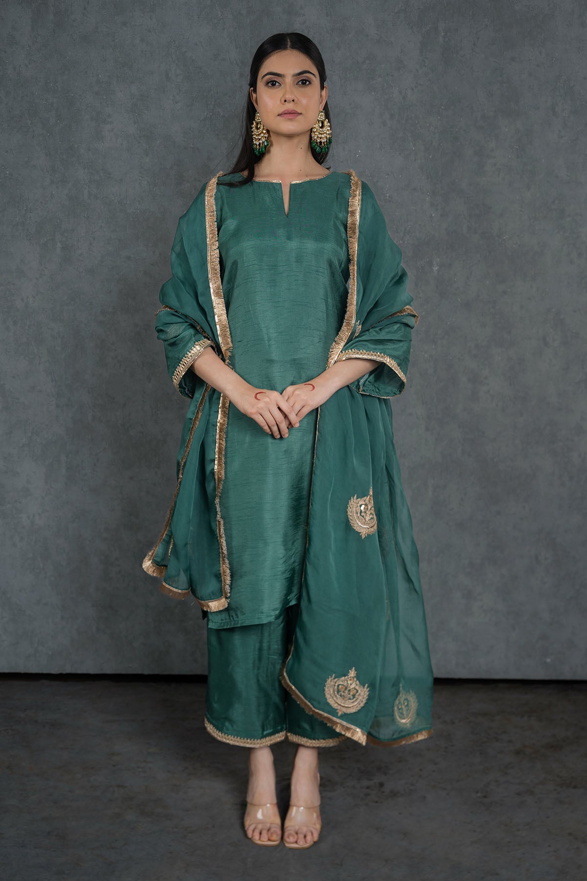 Green Embroidered Lace Kurta Set