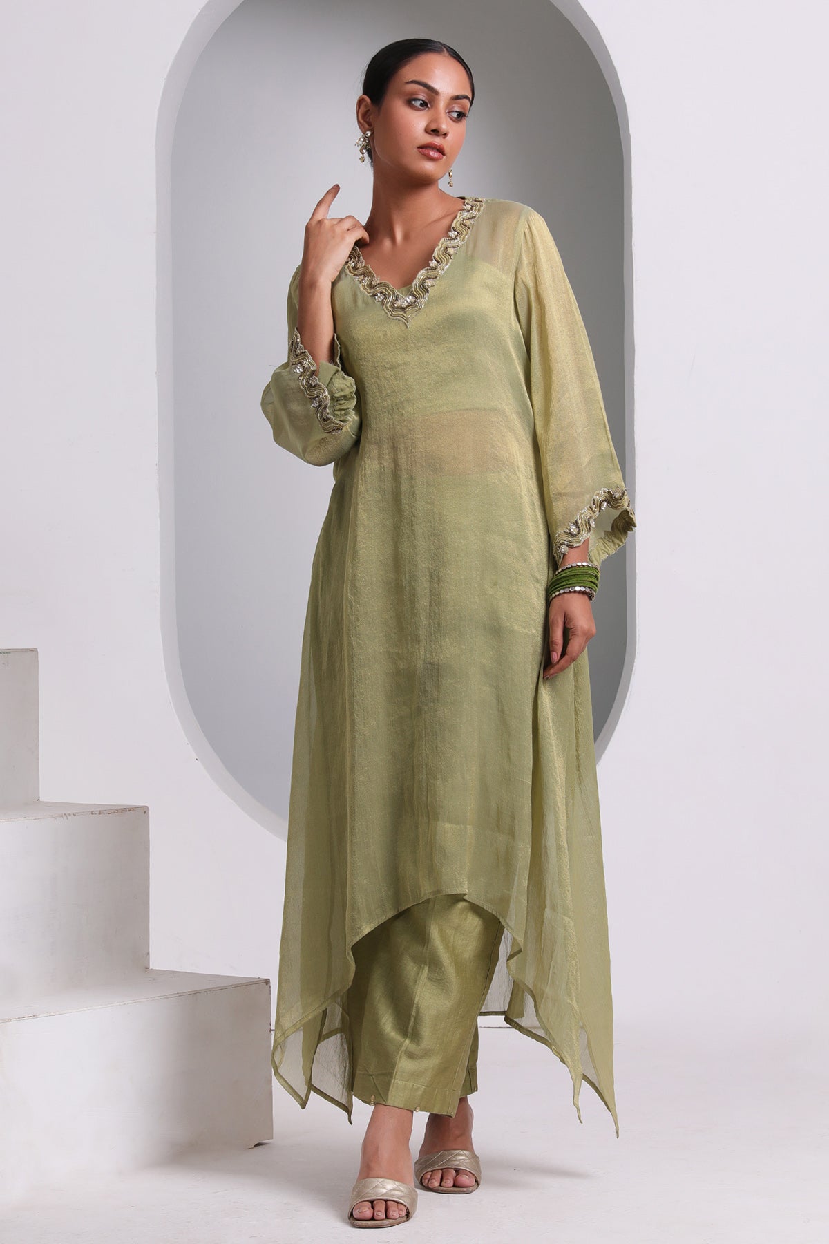 Green Embroidered Neck Kurta Set