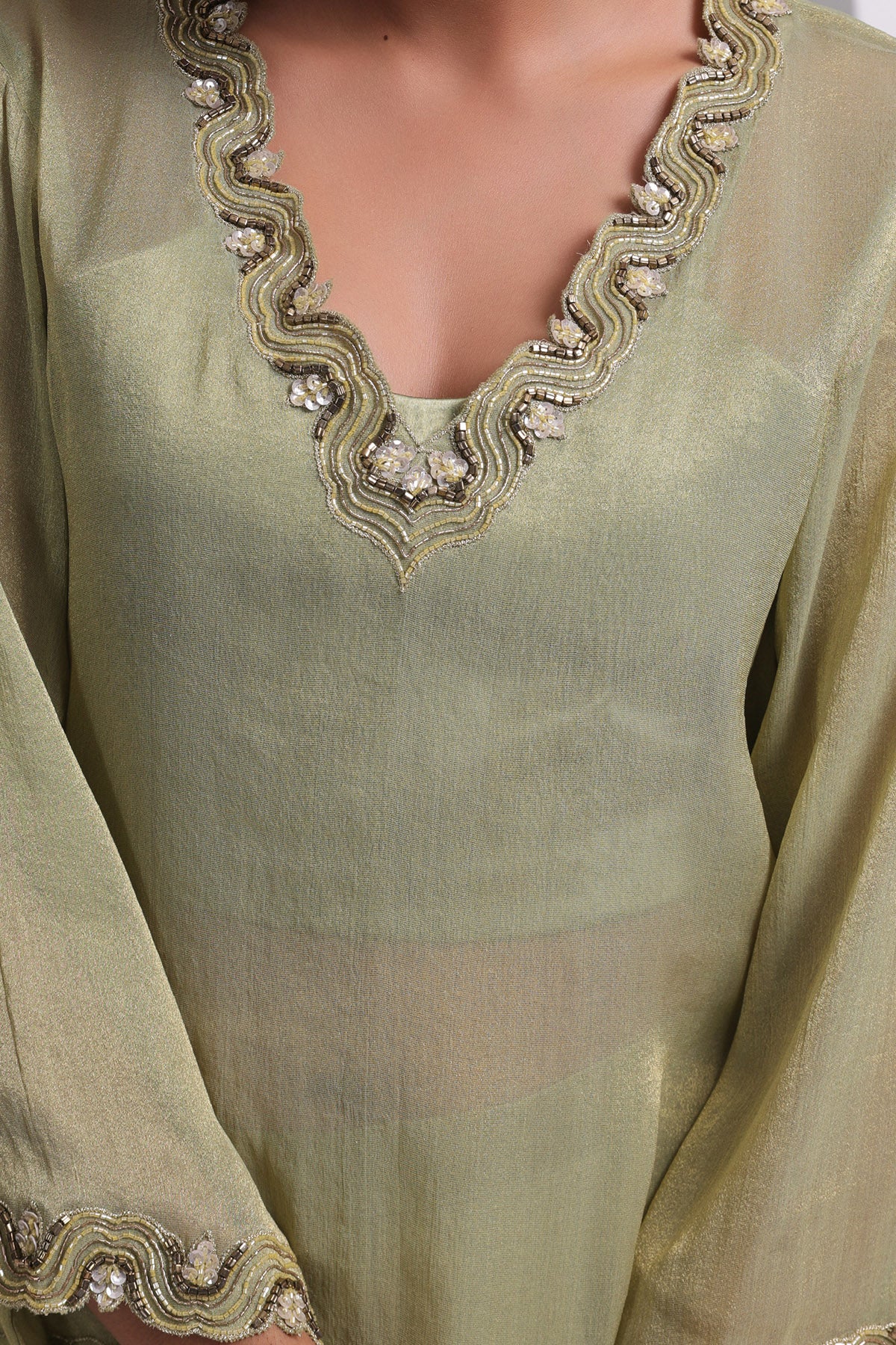 Green Embroidered Neck Kurta Set