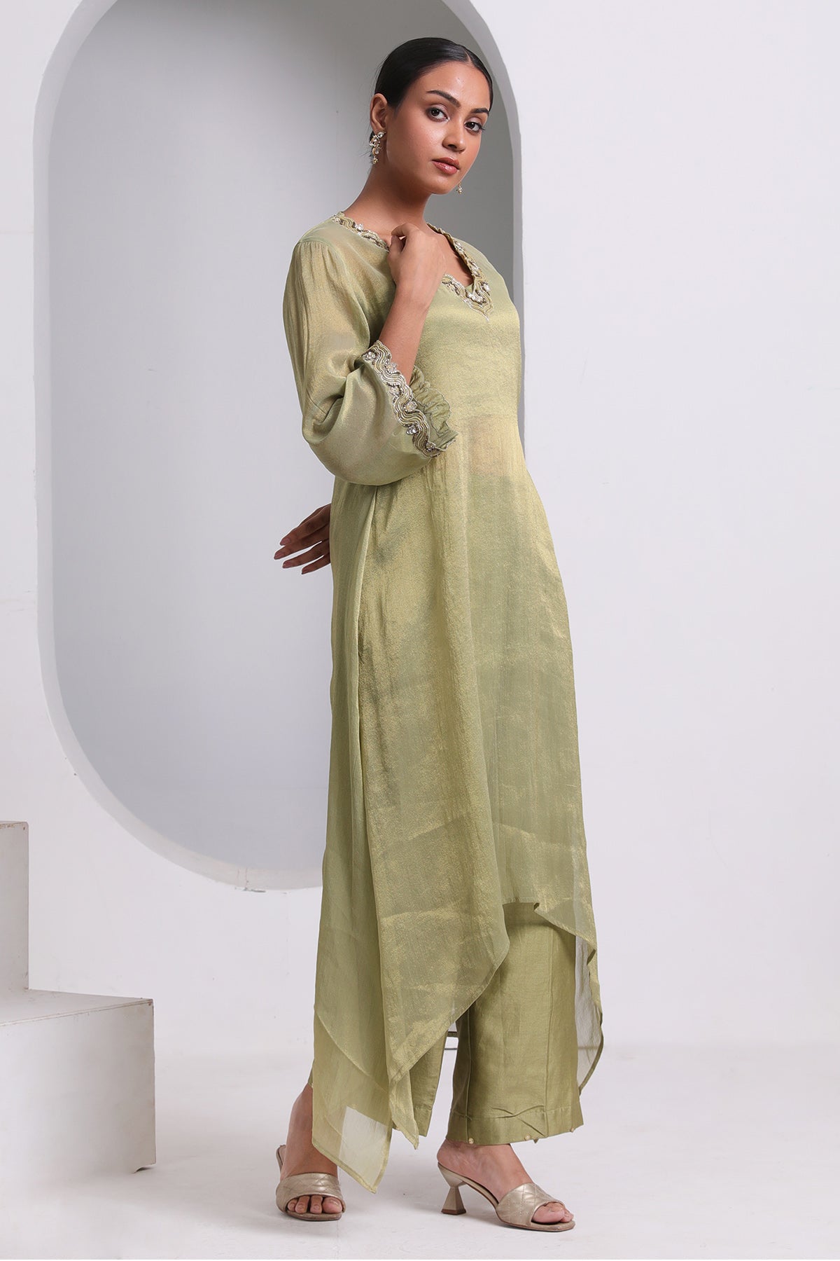 Green Embroidered Neck Kurta Set