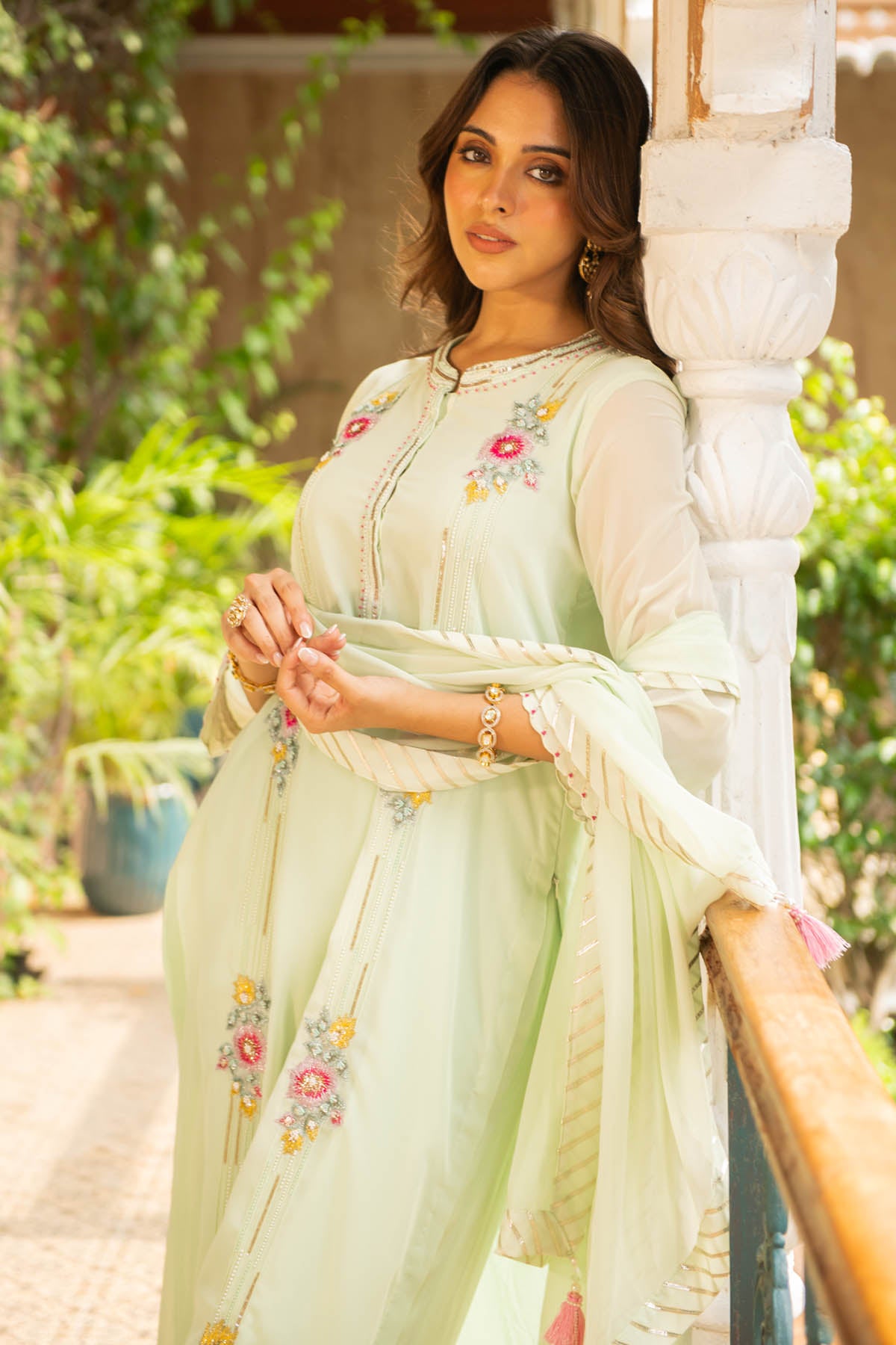 Green Embroidered Palazzo Set