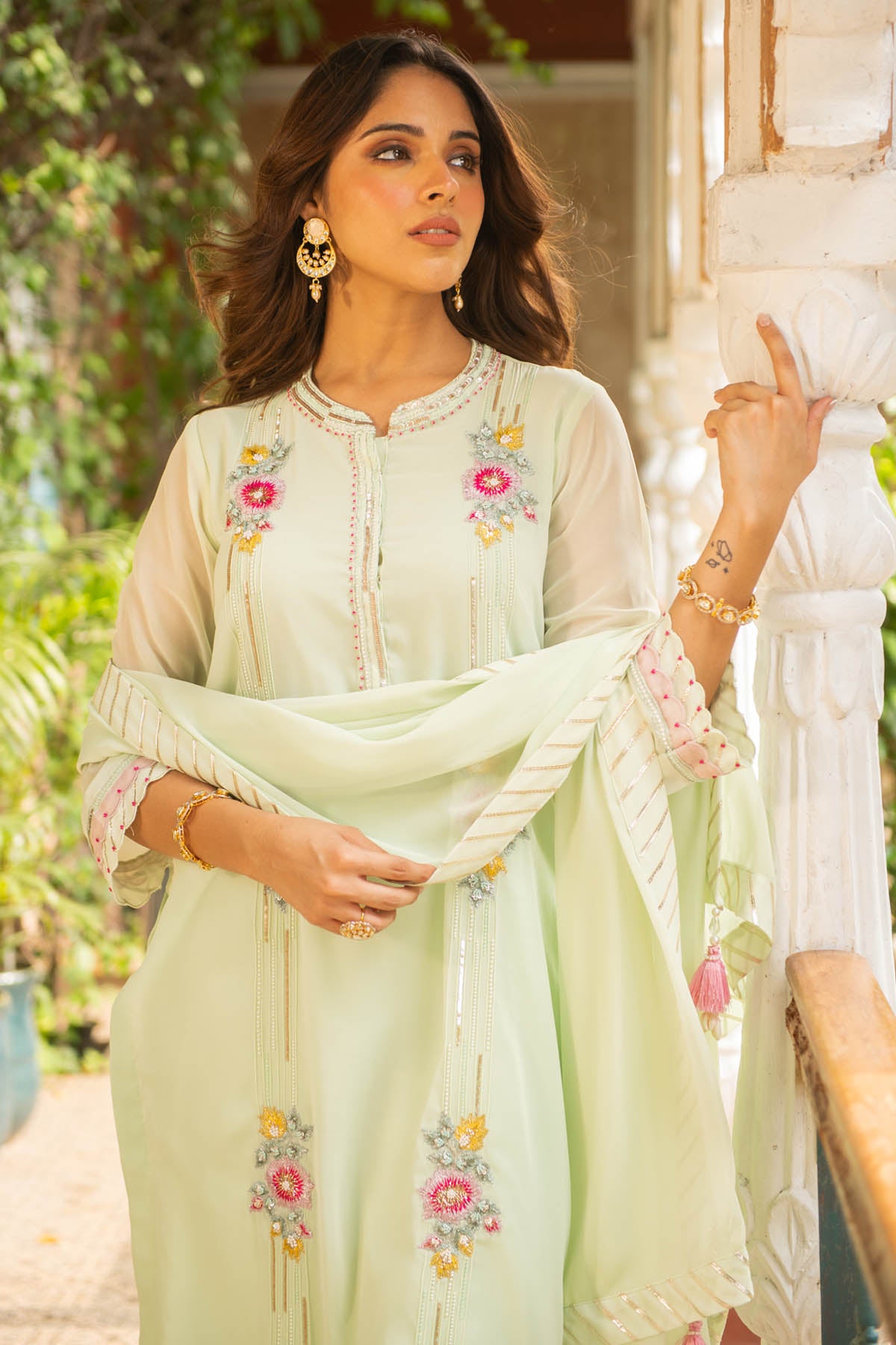 Green Embroidered Palazzo Set