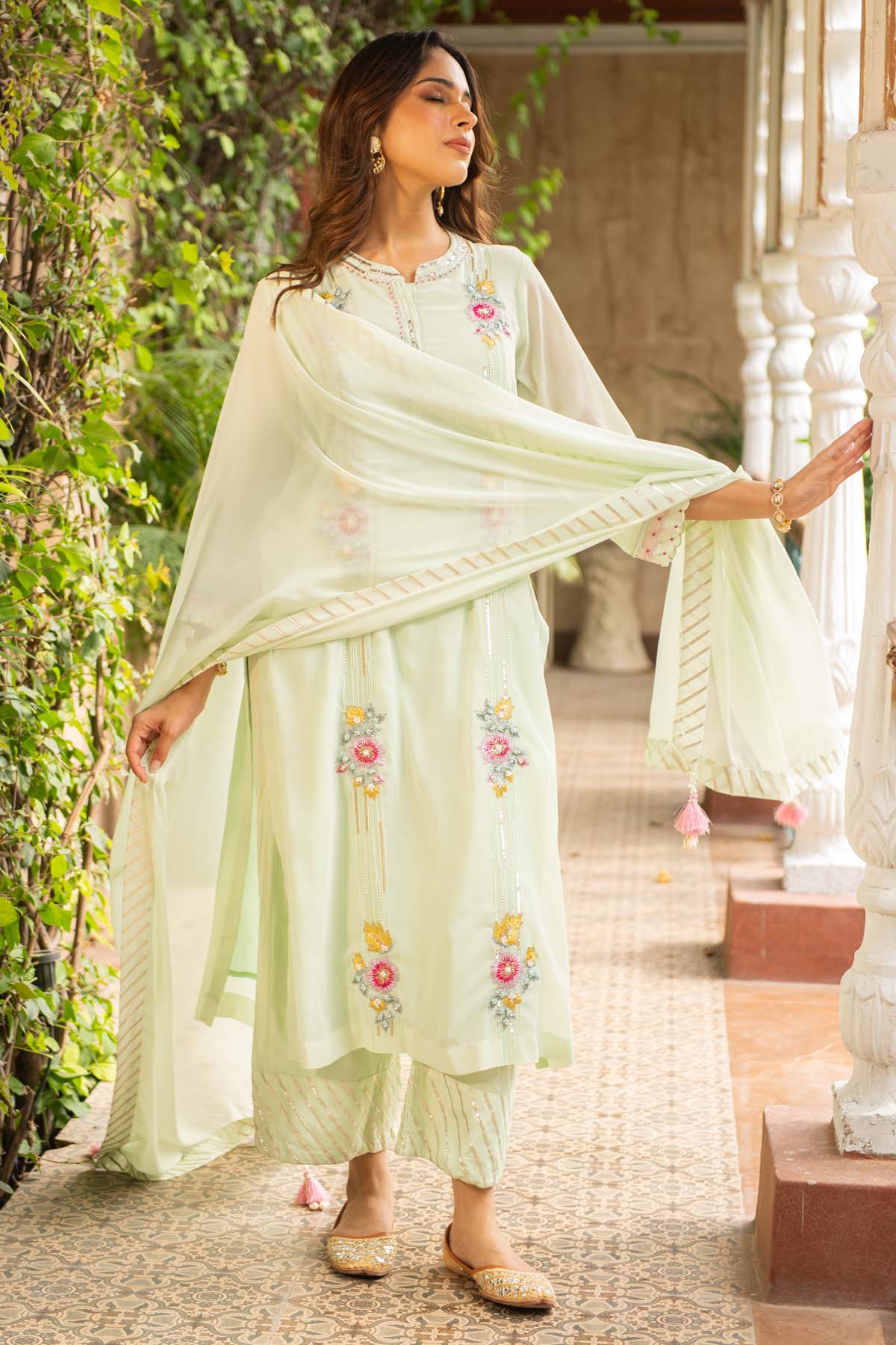 Green Embroidered Palazzo Set