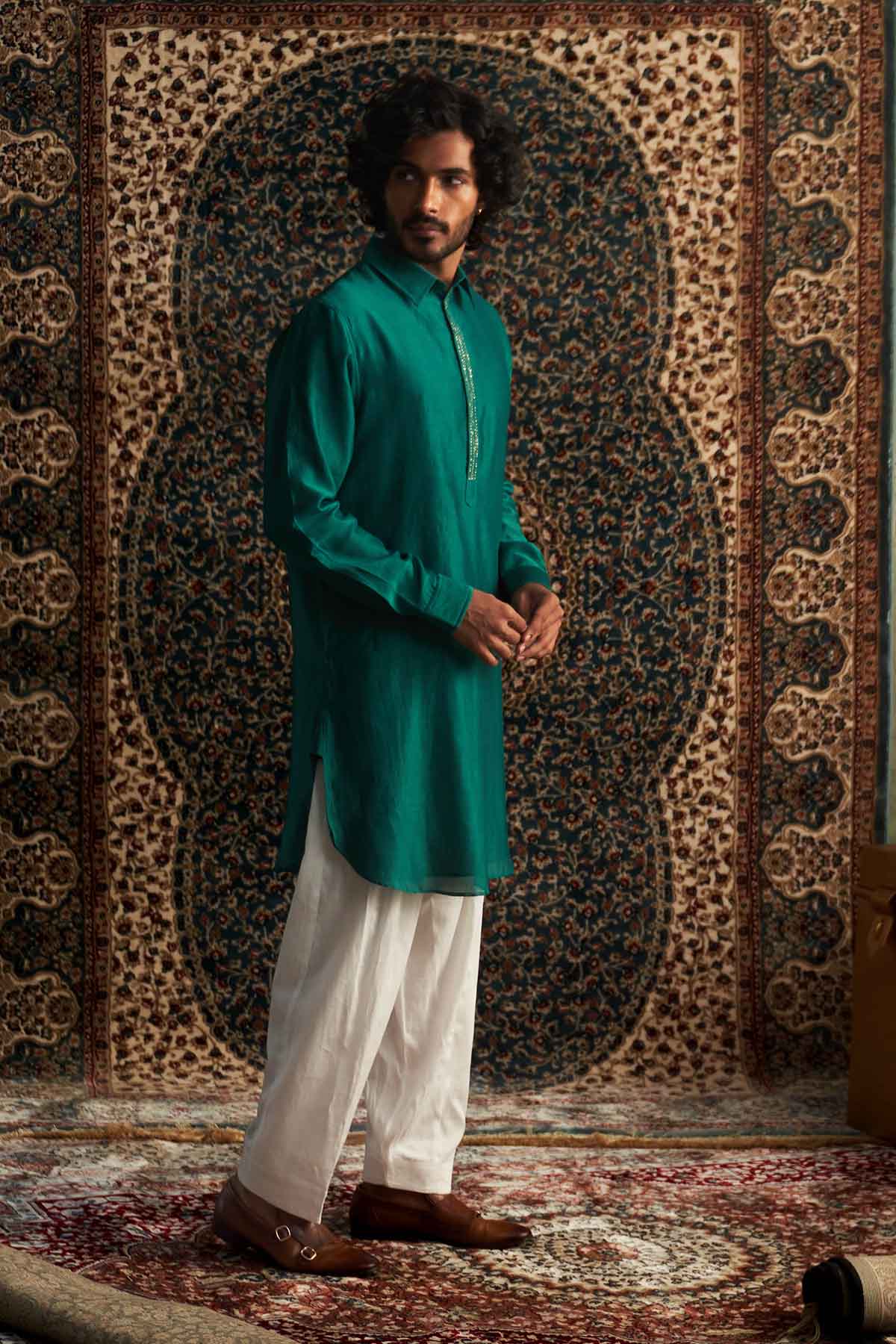 Green Embroidered Pathani Set
