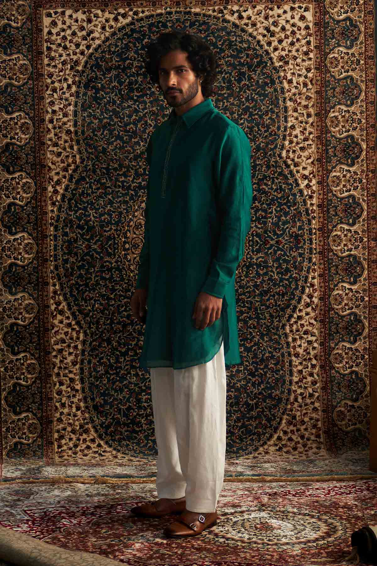 Green Embroidered Pathani Set