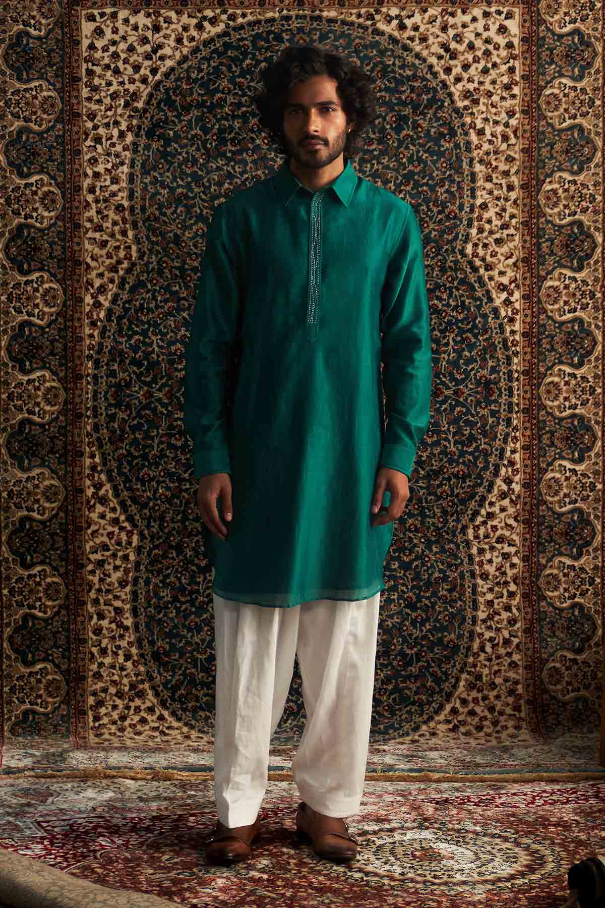 Buy Green Embroidered Pathani Set Online