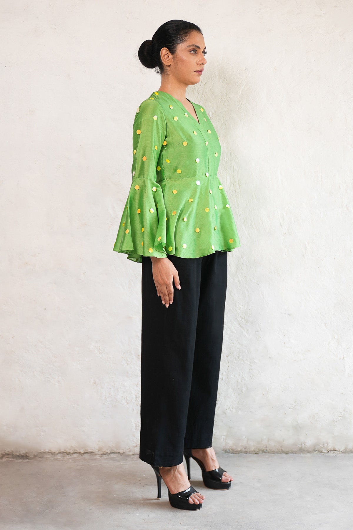 Green Embroidered Peplum Top