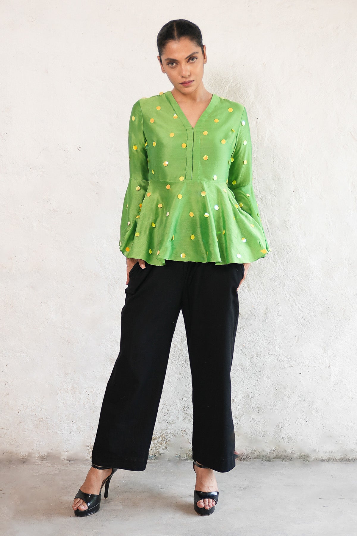 Green Embroidered Peplum Top
