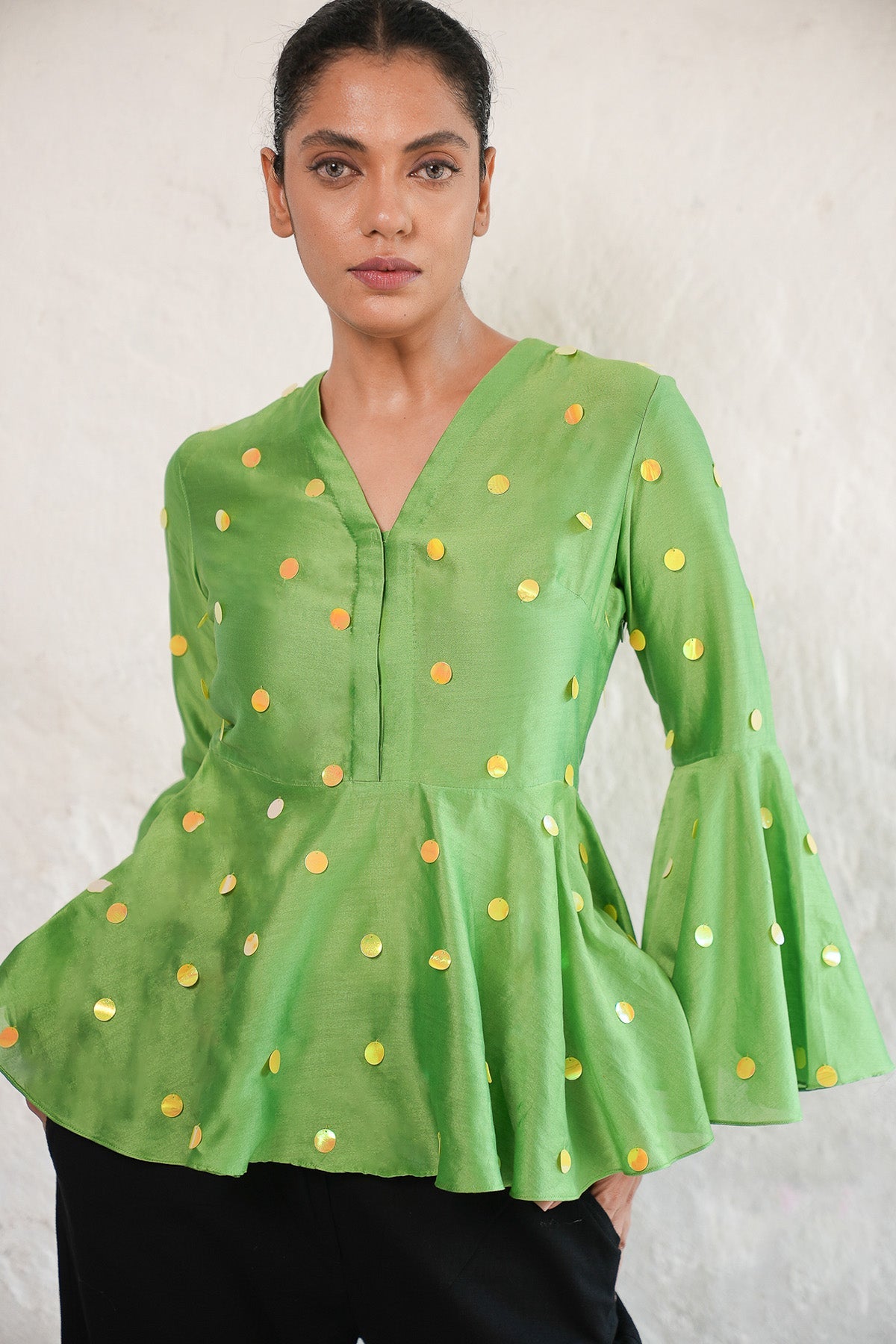 Buy Green Embroidered Peplum Top by Saksham Neharicka for women online at ScrollnShops