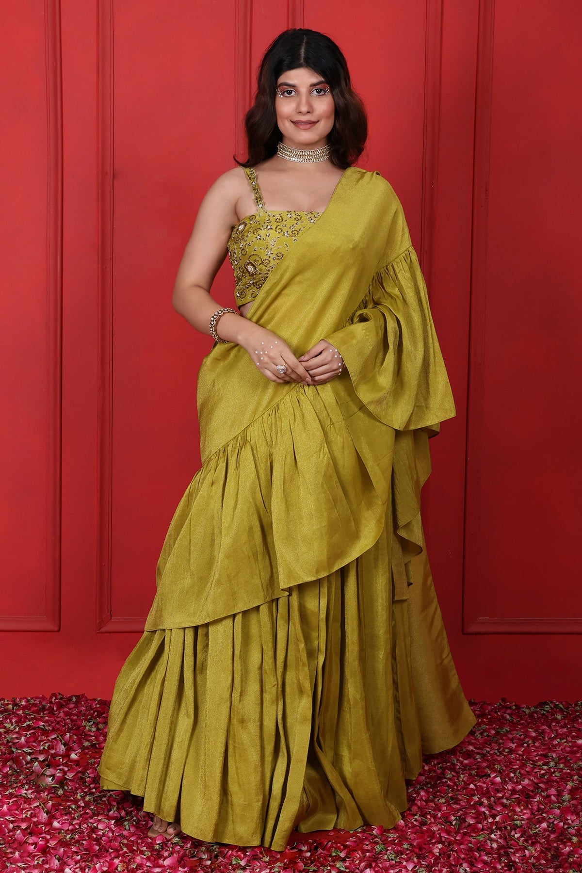 Buy Green Embroidered Ruffle Saree by Namita Sharma for women online at ScrollnShops