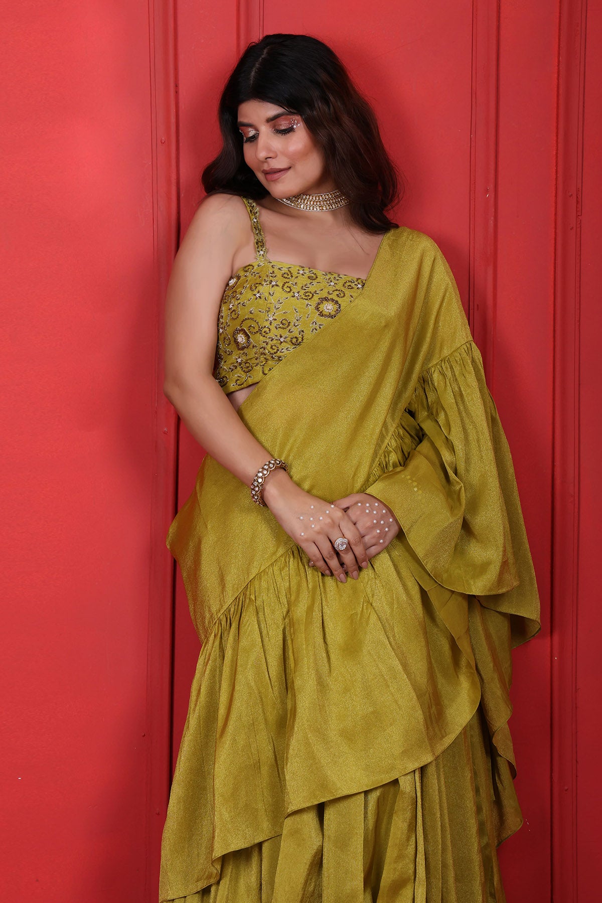 Green Embroidered Ruffle Saree