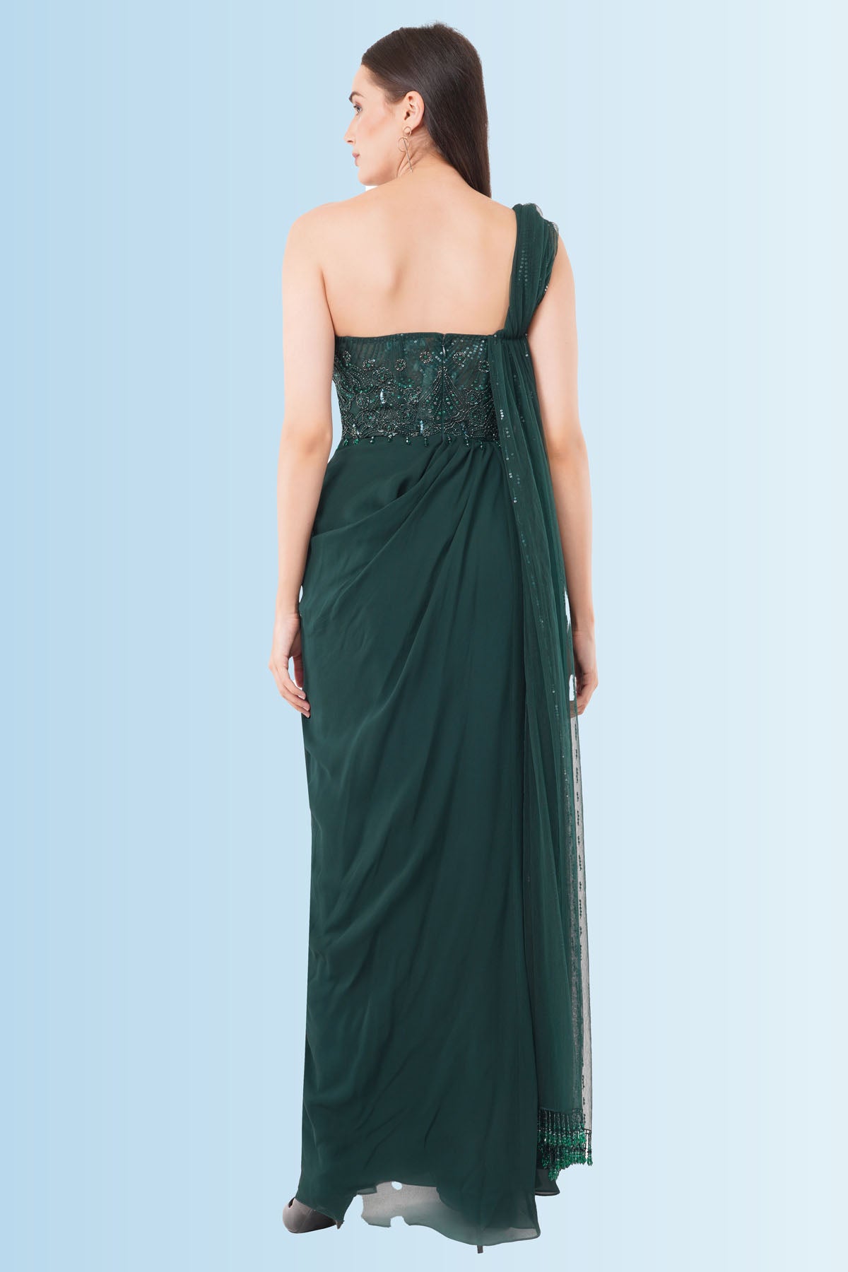 Green Embroidered Saree Gown