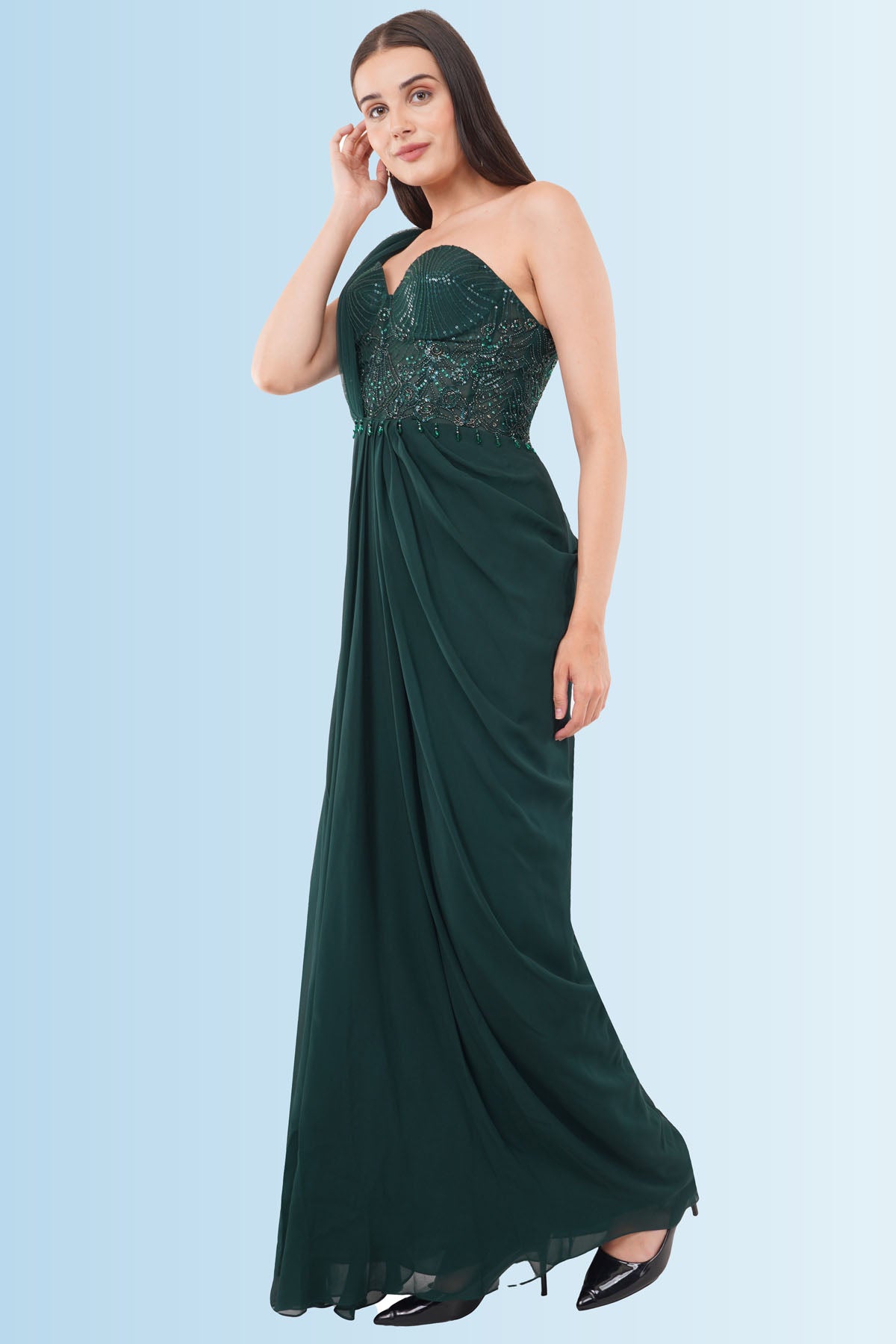 Green Embroidered Saree Gown