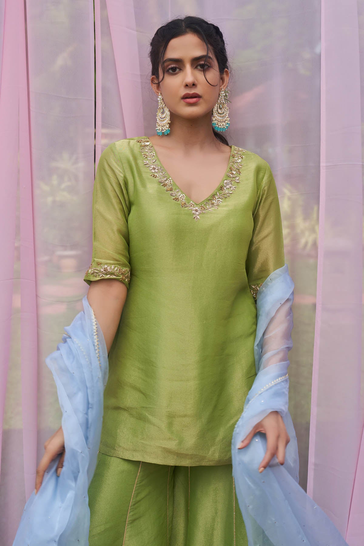 Green Embroidered Sharara Set