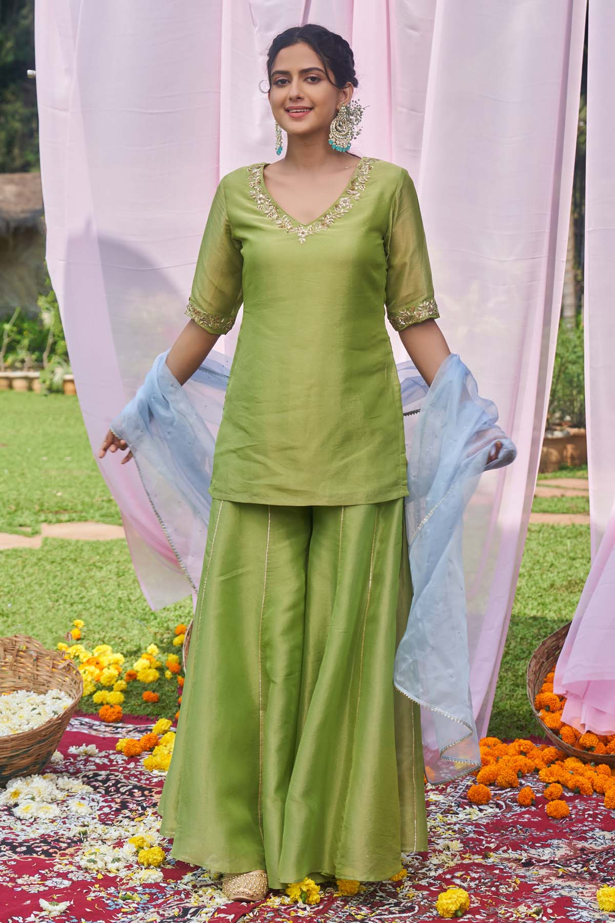 Megha Pitti Green Embroidered Sharara Set for women online at ScrollnShops