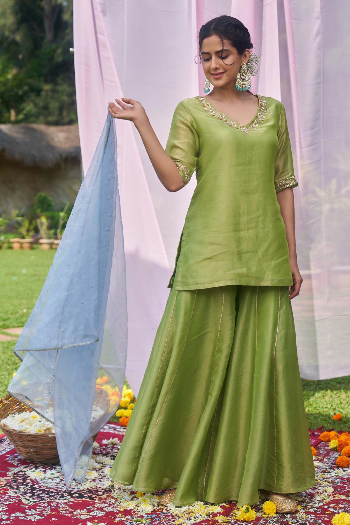 Green Embroidered Sharara Set