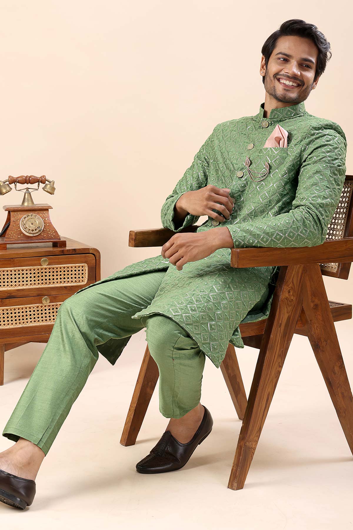 Green Embroidery Sherwani Pants