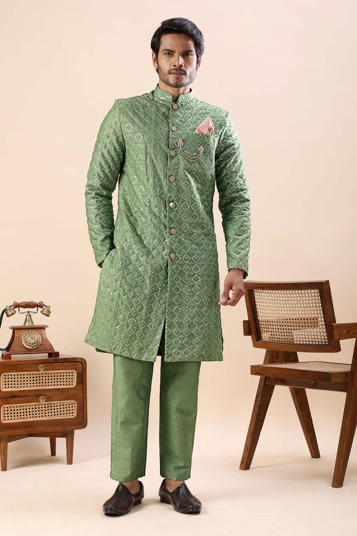 Buy Green Embroidery Sherwani Pants for men by Aastha Fashion online available at scrollnshops