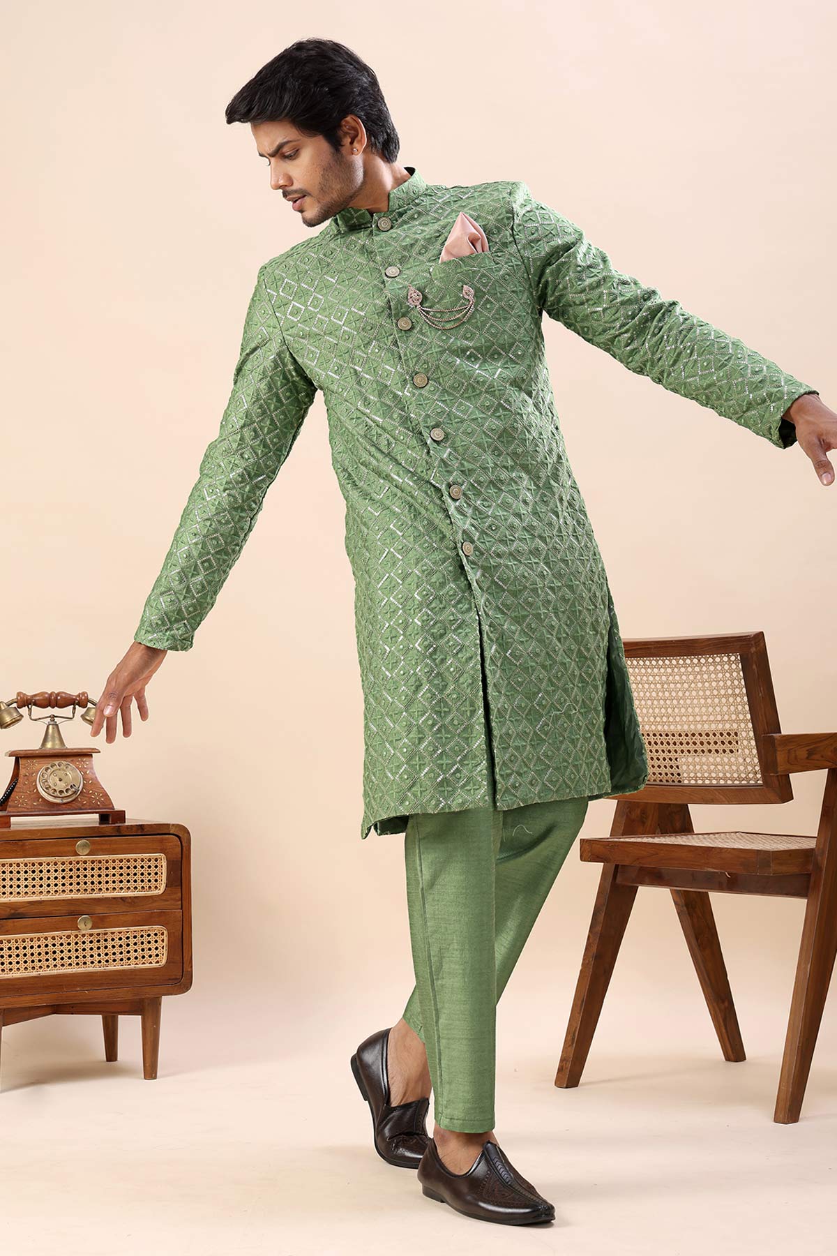 Green Embroidery Sherwani Pants