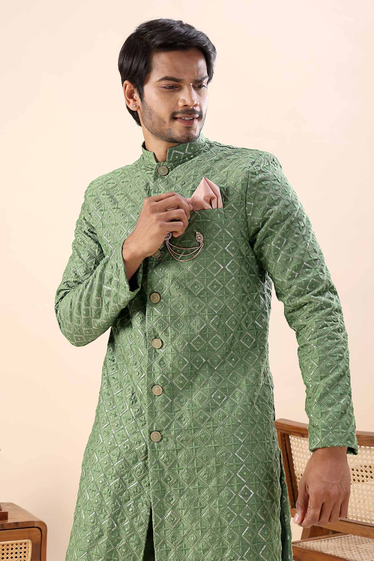 Green Embroidery Sherwani Pants