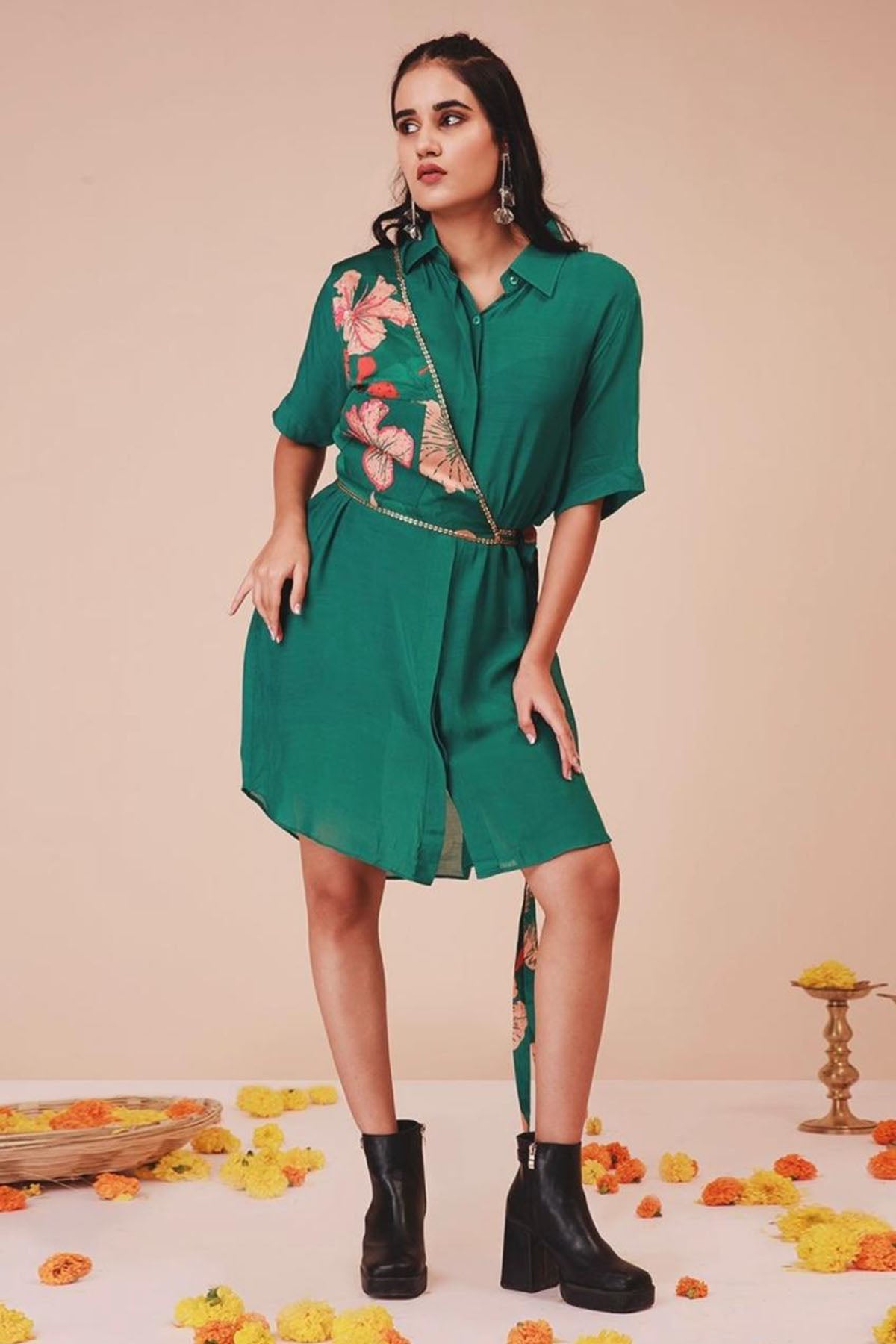 Buy Green Embroidered Shirt Dress by Niyami for women online at ScrollnShops