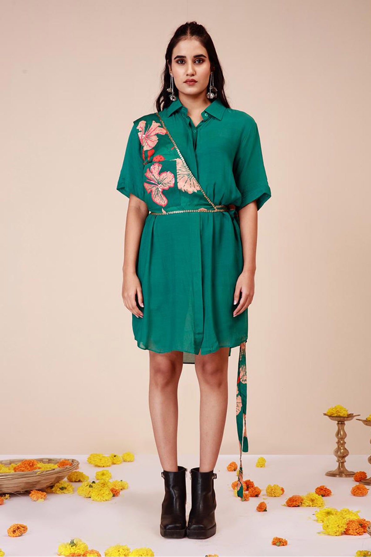 Green Embroidered Shirt Dress