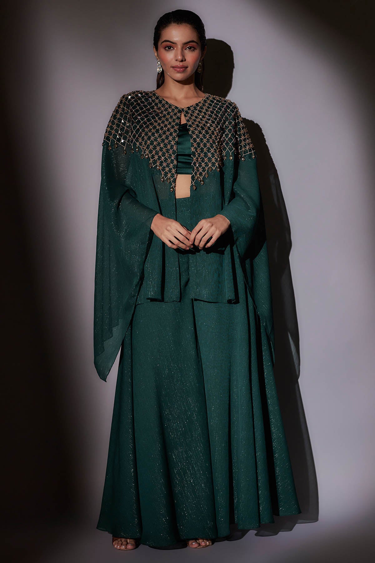 Green Embroidered Short Cape Set